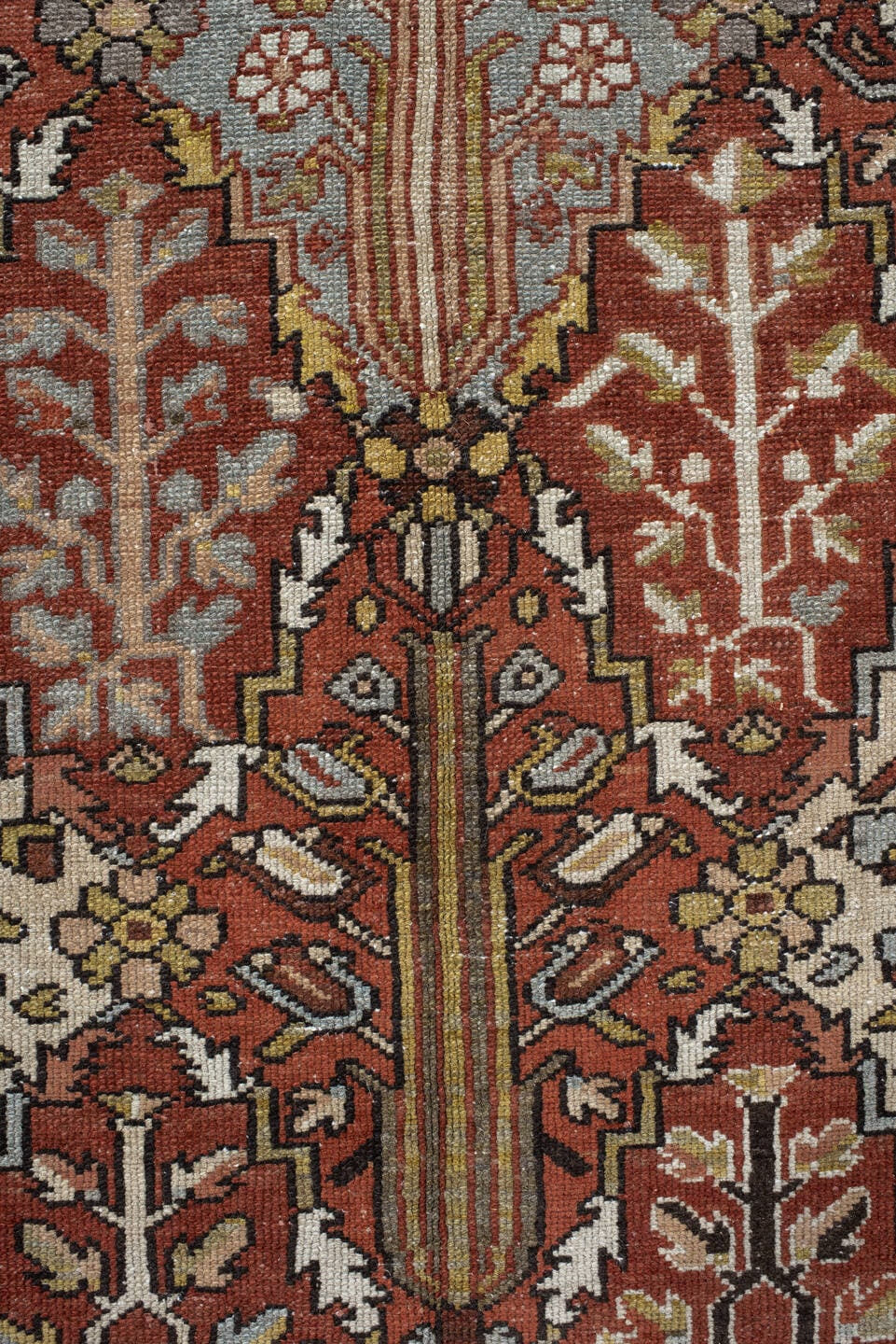 10' x 14' one-of-a-kind handmade vintage Baktiary large size rug. Color palette: rust, slate, ivory, rose, taupe, gold