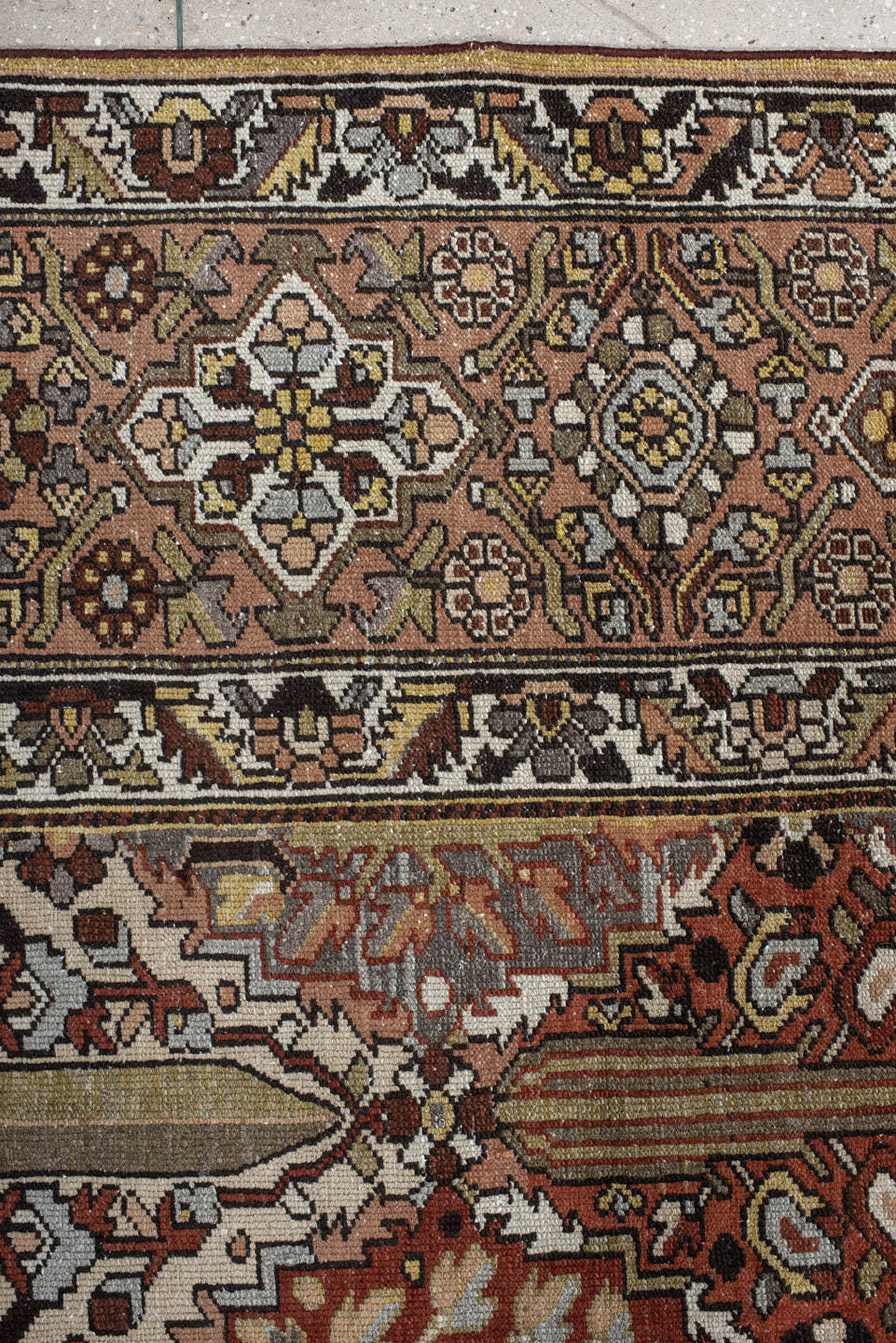 10' x 14' one-of-a-kind handmade vintage Baktiary large size rug. Color palette: rust, slate, ivory, rose, taupe, gold