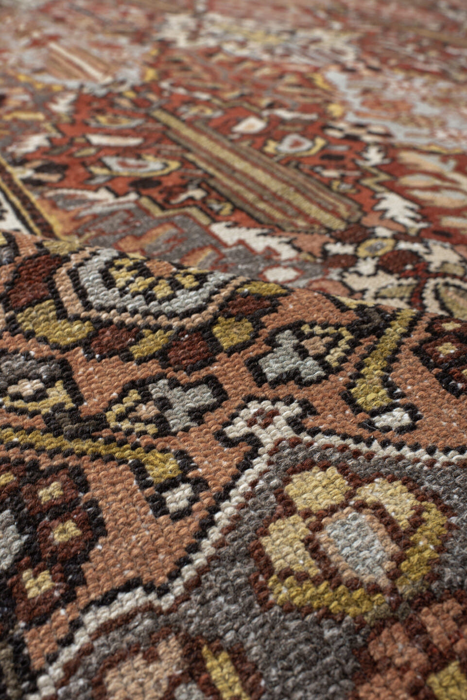 10' x 14' one-of-a-kind handmade vintage Baktiary large size rug. Color palette: rust, slate, ivory, rose, taupe, gold