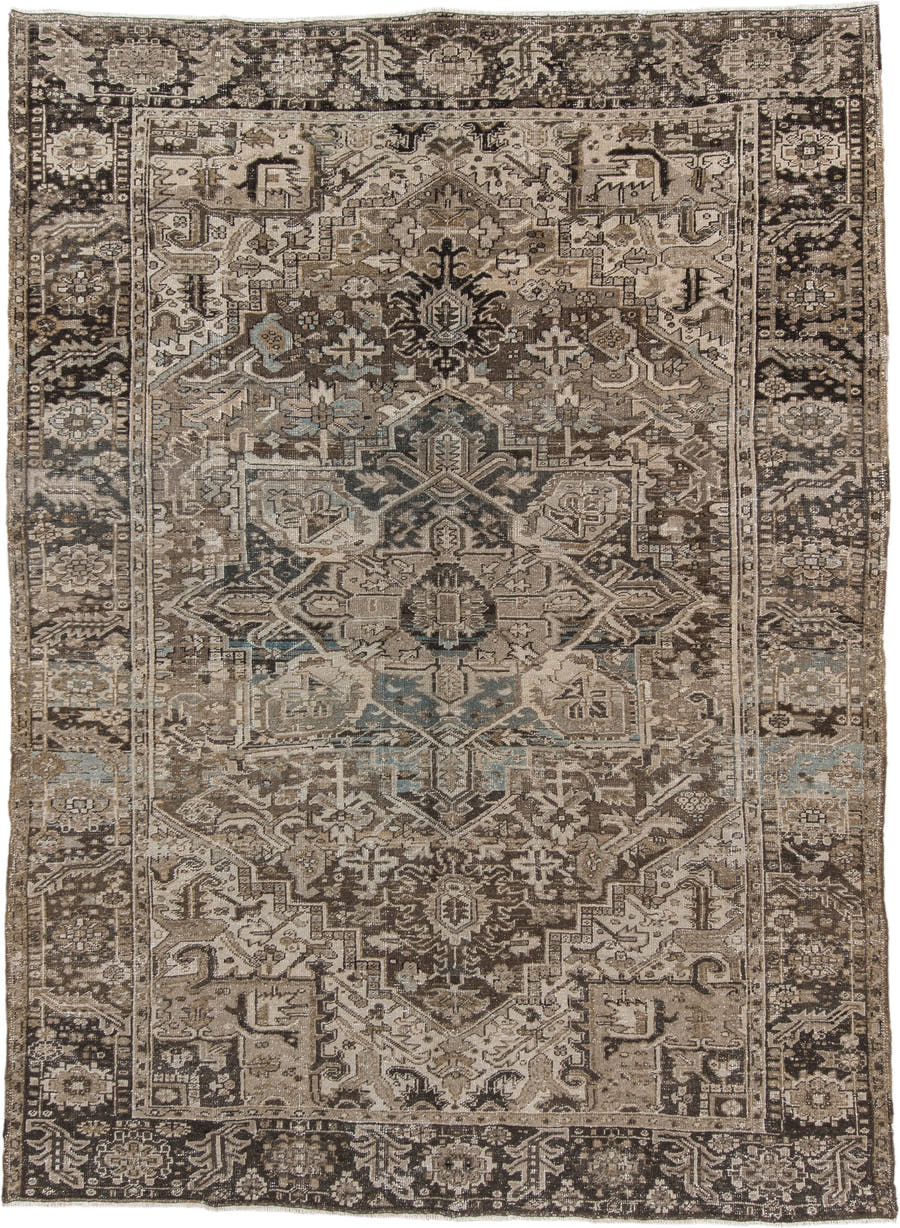 7' x 10' one-of-a-kind handmade antique Heriz large size rug. Color palette: taupe, brown, ivory, charcoal, faded blue