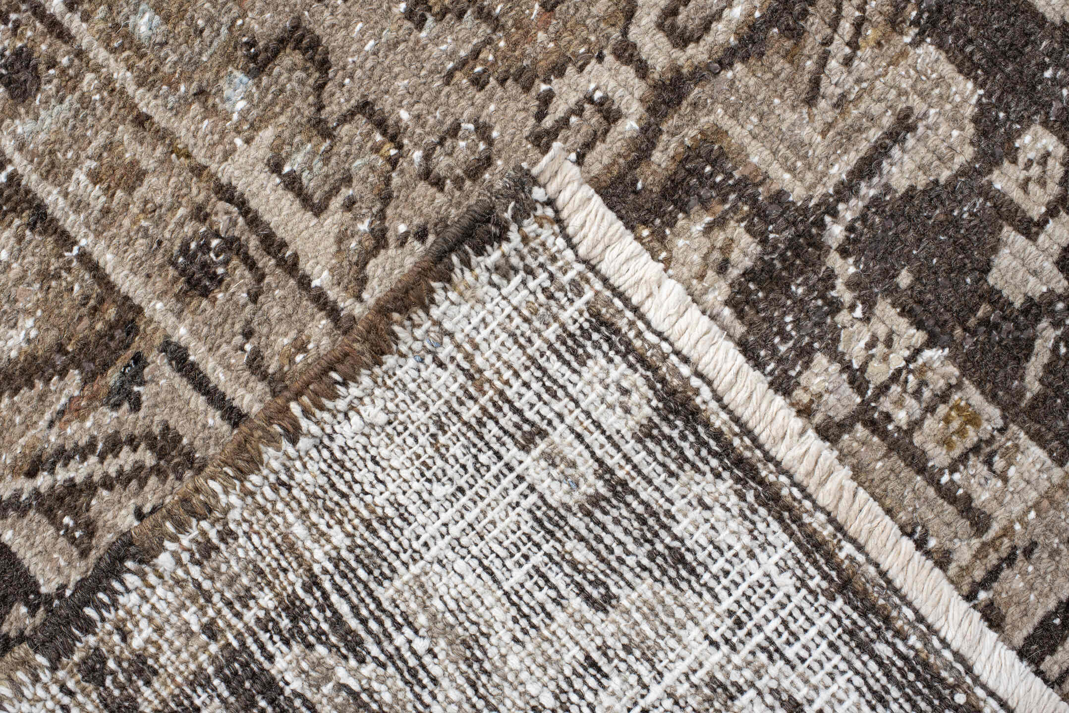 7' x 10' one-of-a-kind handmade antique Heriz large size rug. Color palette: taupe, brown, ivory, charcoal, faded blue