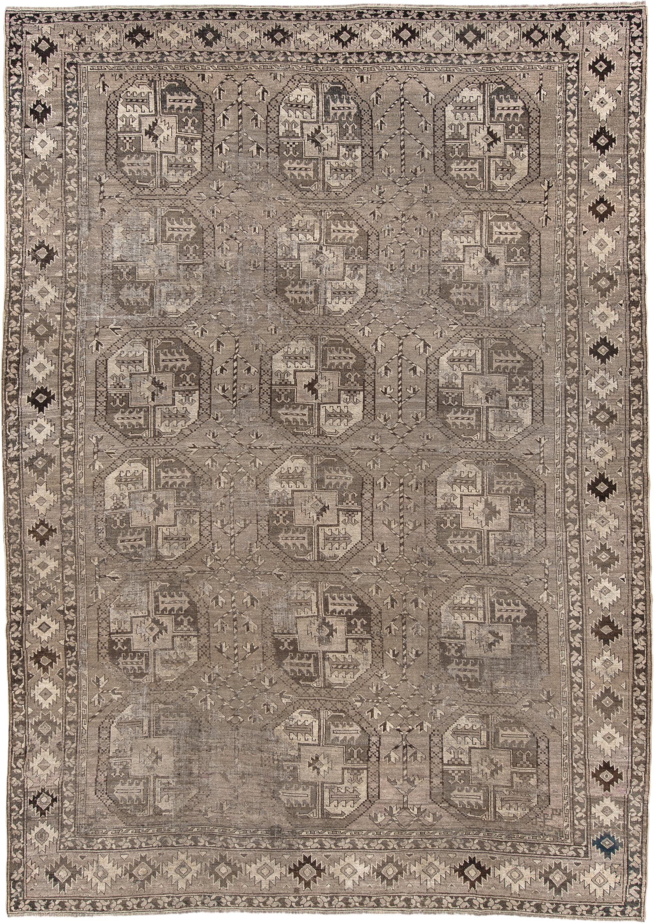8' x 11' one-of-a-kind handmade vintage Afghan large size rug. Color palette: taupe, ivory, charcoal, brown, beige, gray