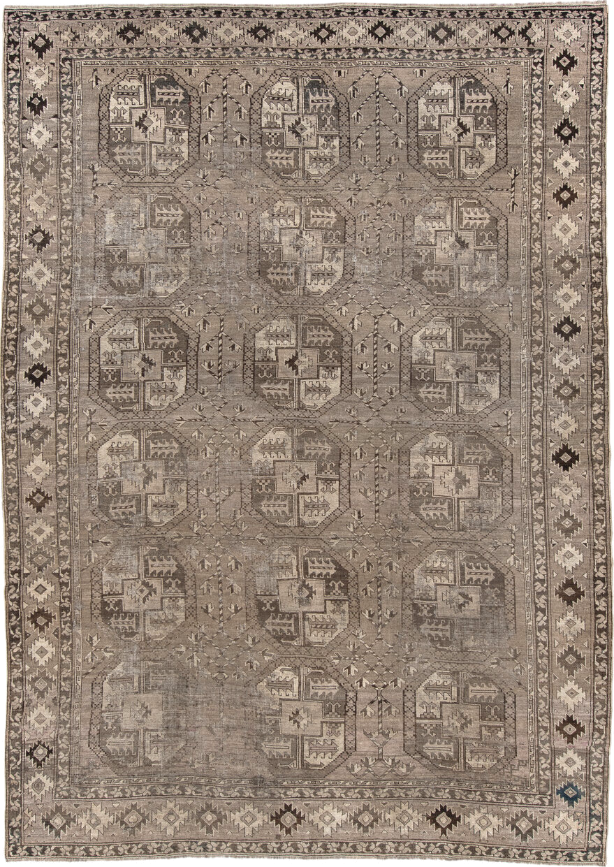 8' x 11' one-of-a-kind handmade vintage Afghan large size rug. Color palette: taupe, ivory, charcoal, brown, beige, gray