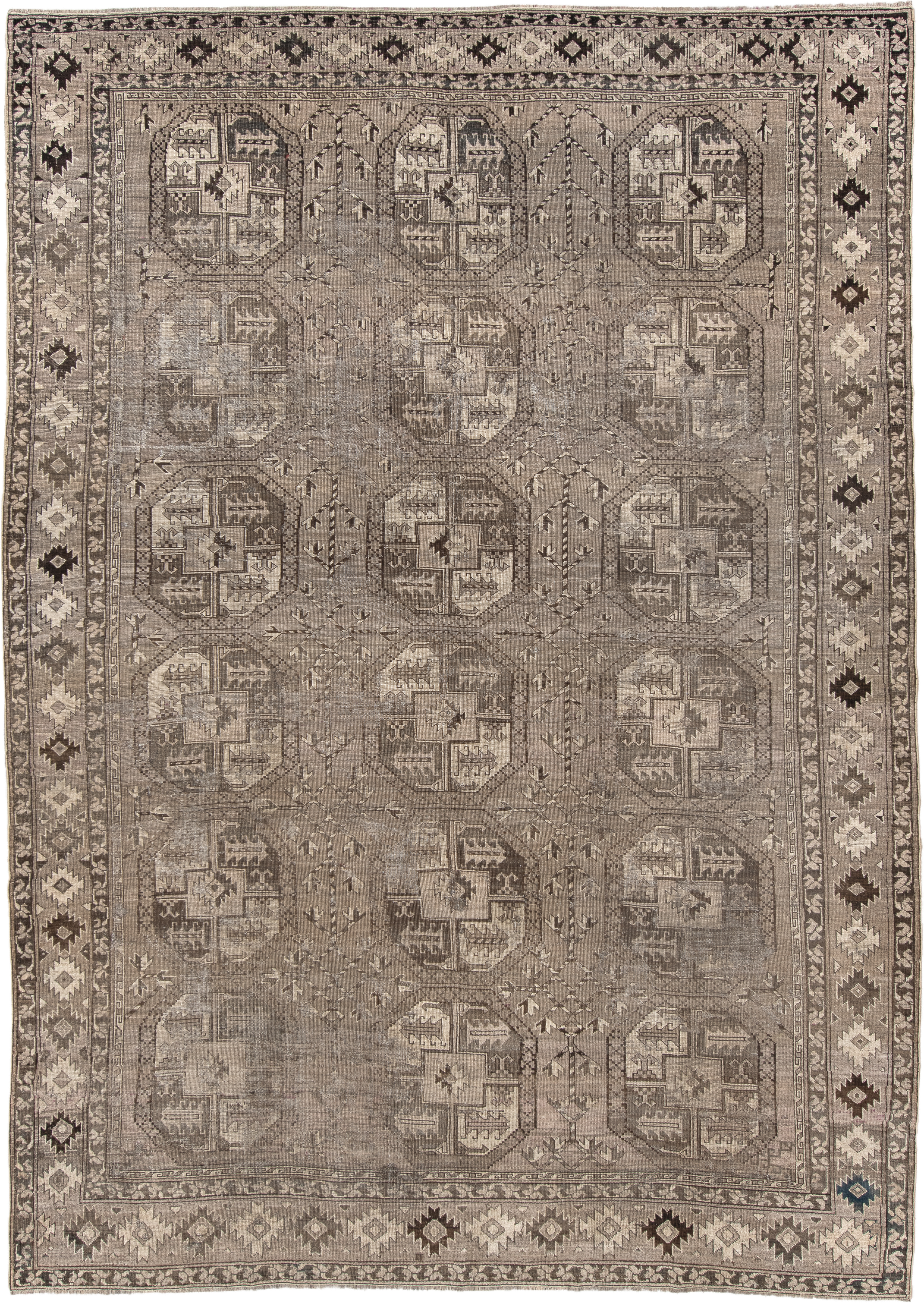 8' x 11' one-of-a-kind handmade vintage Afghan large size rug. Color palette: taupe, ivory, charcoal, brown, beige, gray