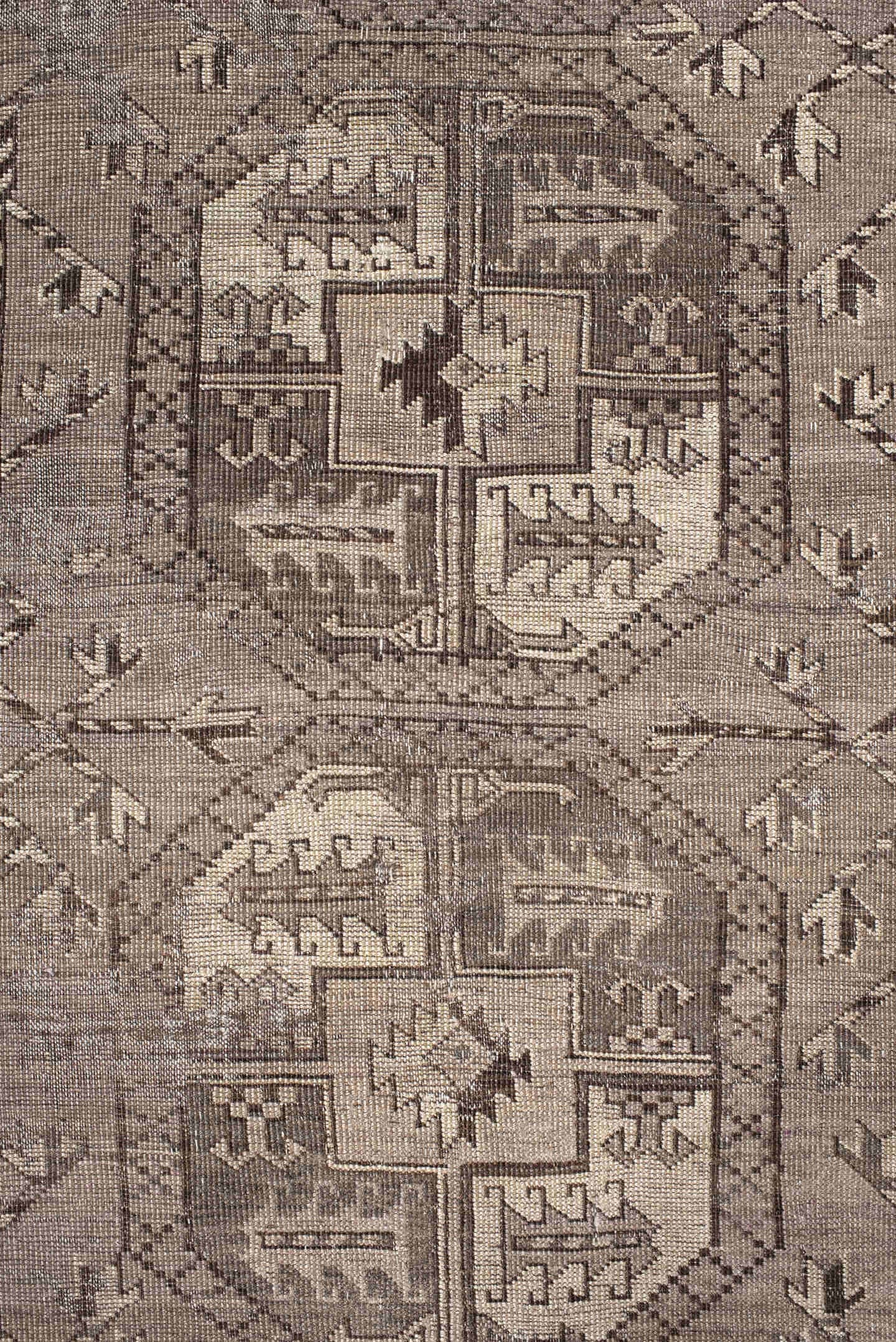 8' x 11' one-of-a-kind handmade vintage Afghan large size rug. Color palette: taupe, ivory, charcoal, brown, beige, gray