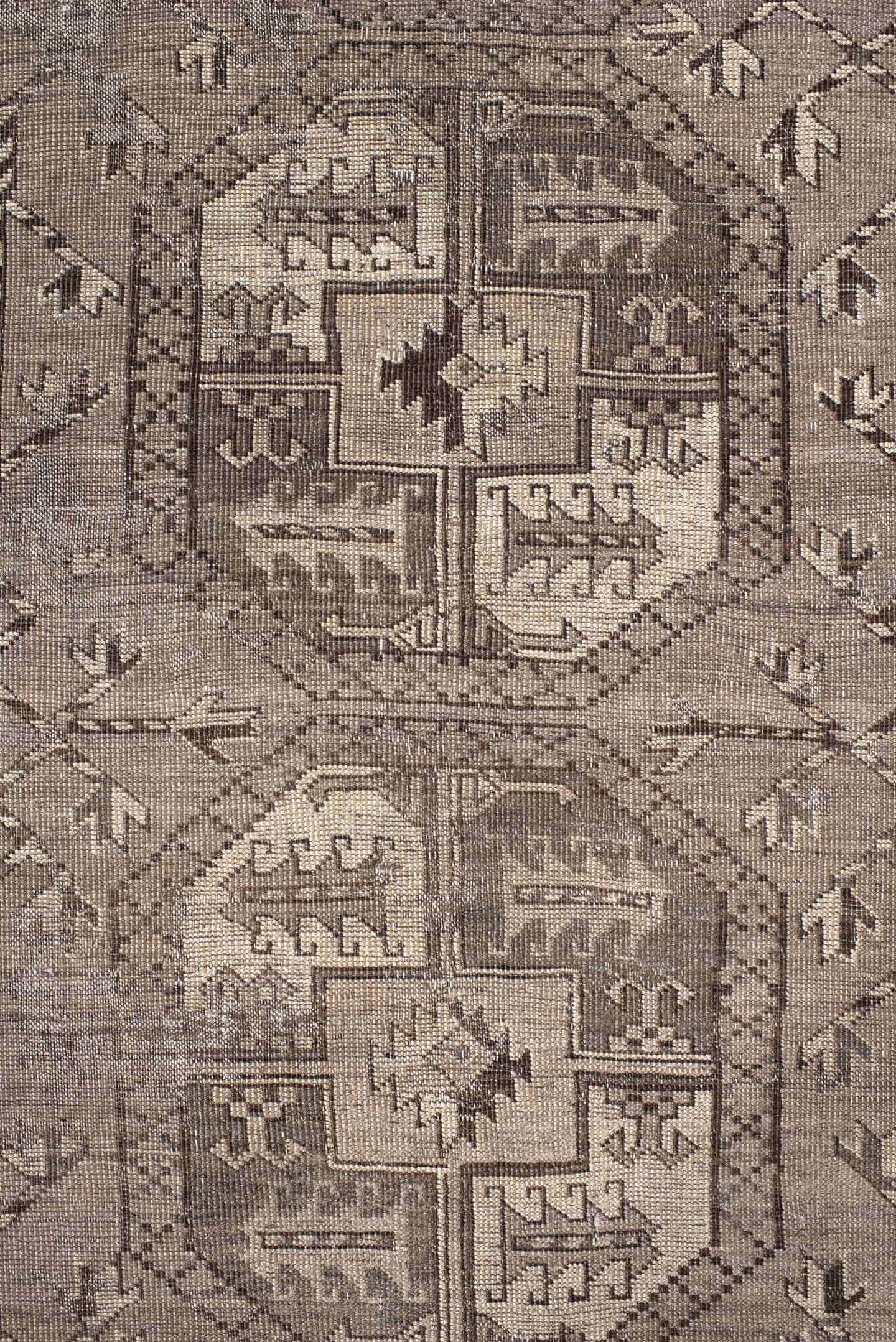 8' x 11' one-of-a-kind handmade vintage Afghan large size rug. Color palette: taupe, ivory, charcoal, brown, beige, gray