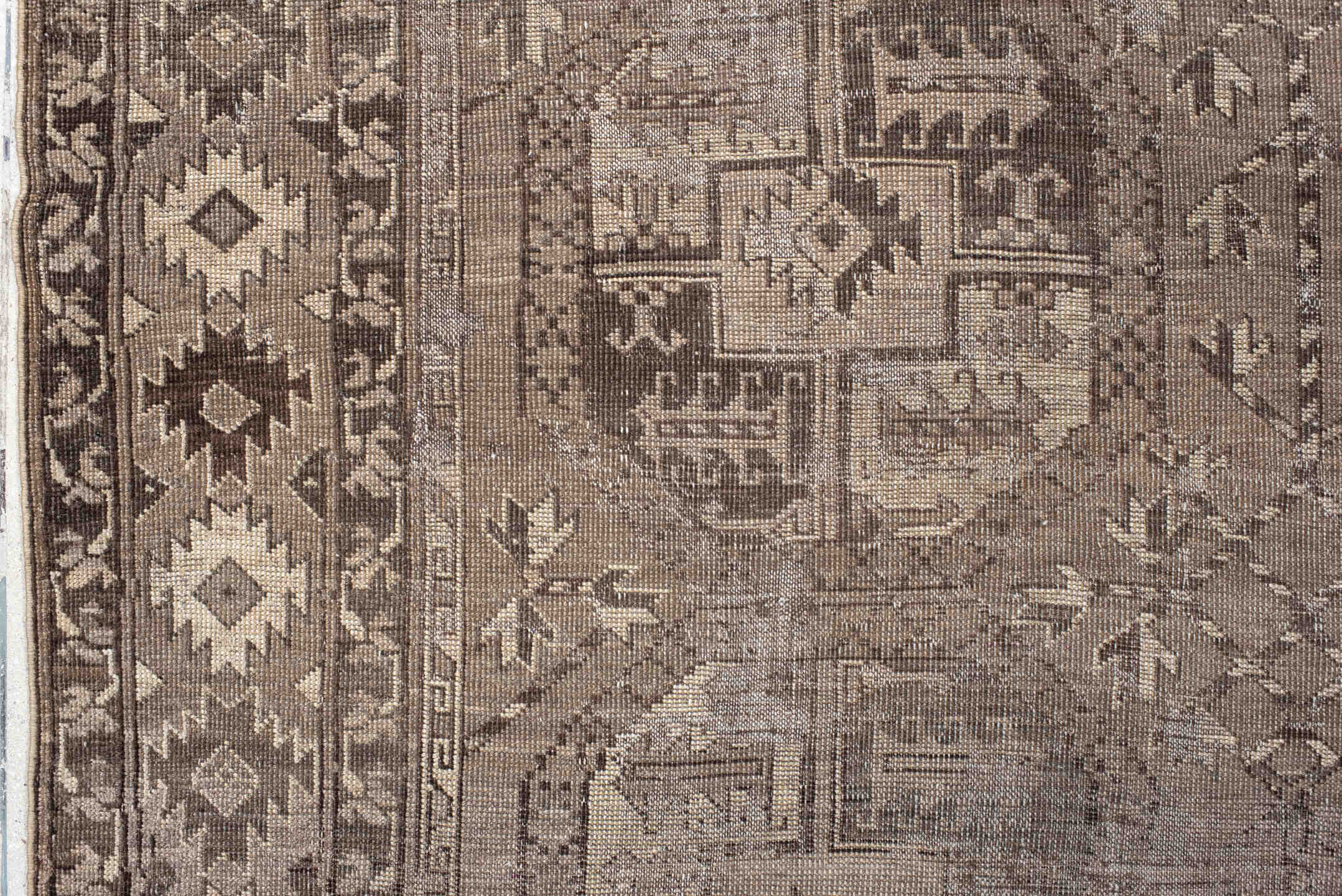 8' x 11' one-of-a-kind handmade vintage Afghan large size rug. Color palette: taupe, ivory, charcoal, brown, beige, gray