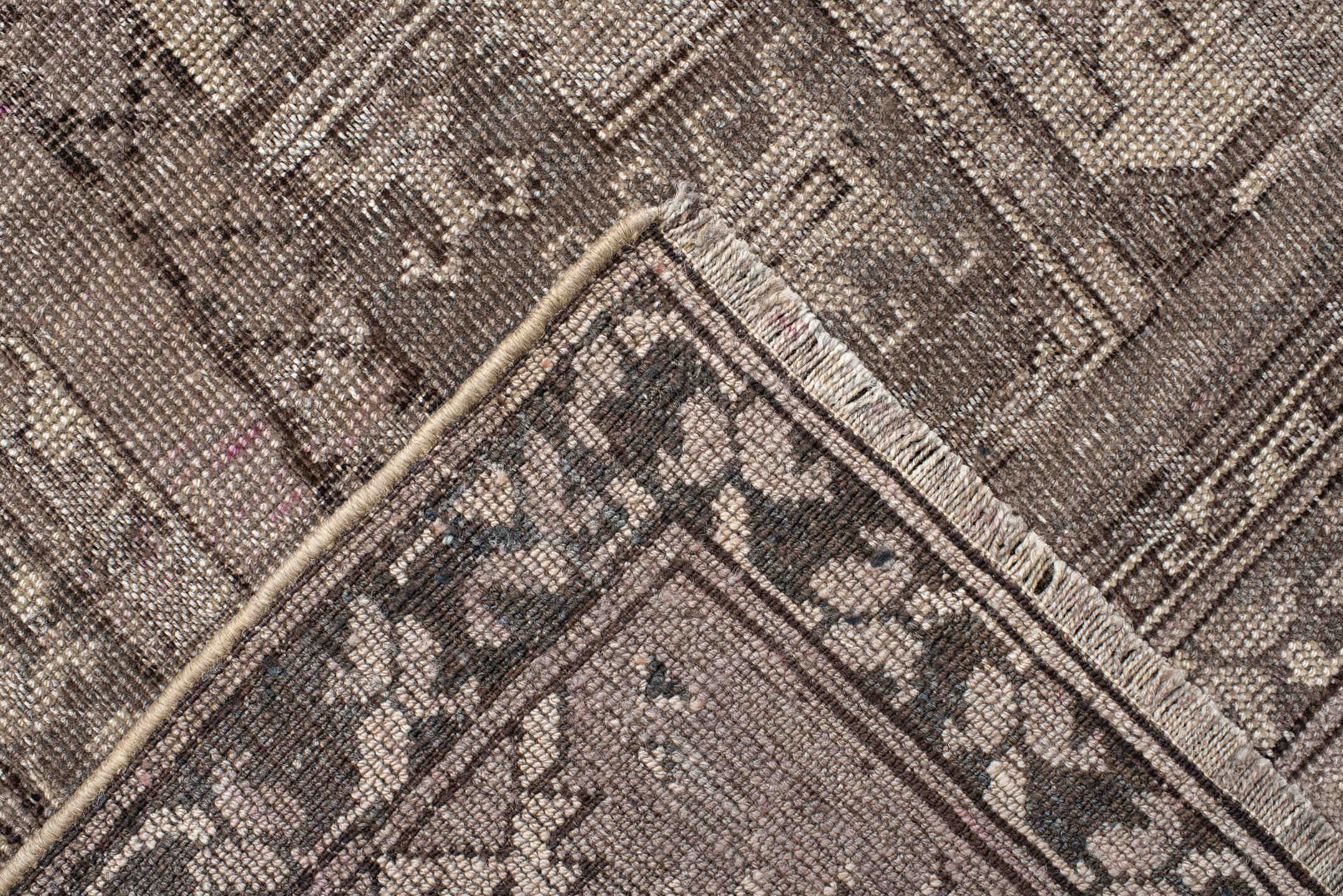 8' x 11' one-of-a-kind handmade vintage Afghan large size rug. Color palette: taupe, ivory, charcoal, brown, beige, gray