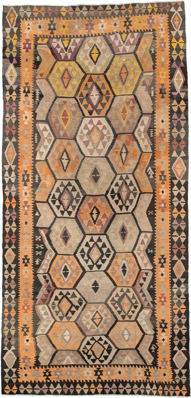 6' x 12' one-of-a-kind handmade antique Kilim large size rug. Color palette: camel, brown, taupe, ochre, ivory, plum