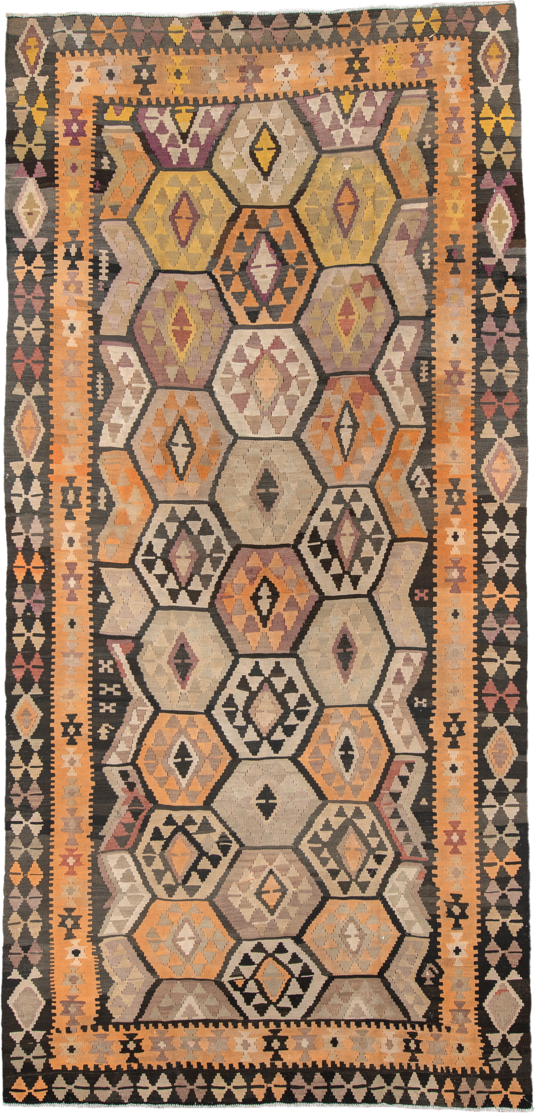 6' x 12' one-of-a-kind handmade antique Kilim large size rug. Color palette: camel, brown, taupe, ochre, ivory, plum
