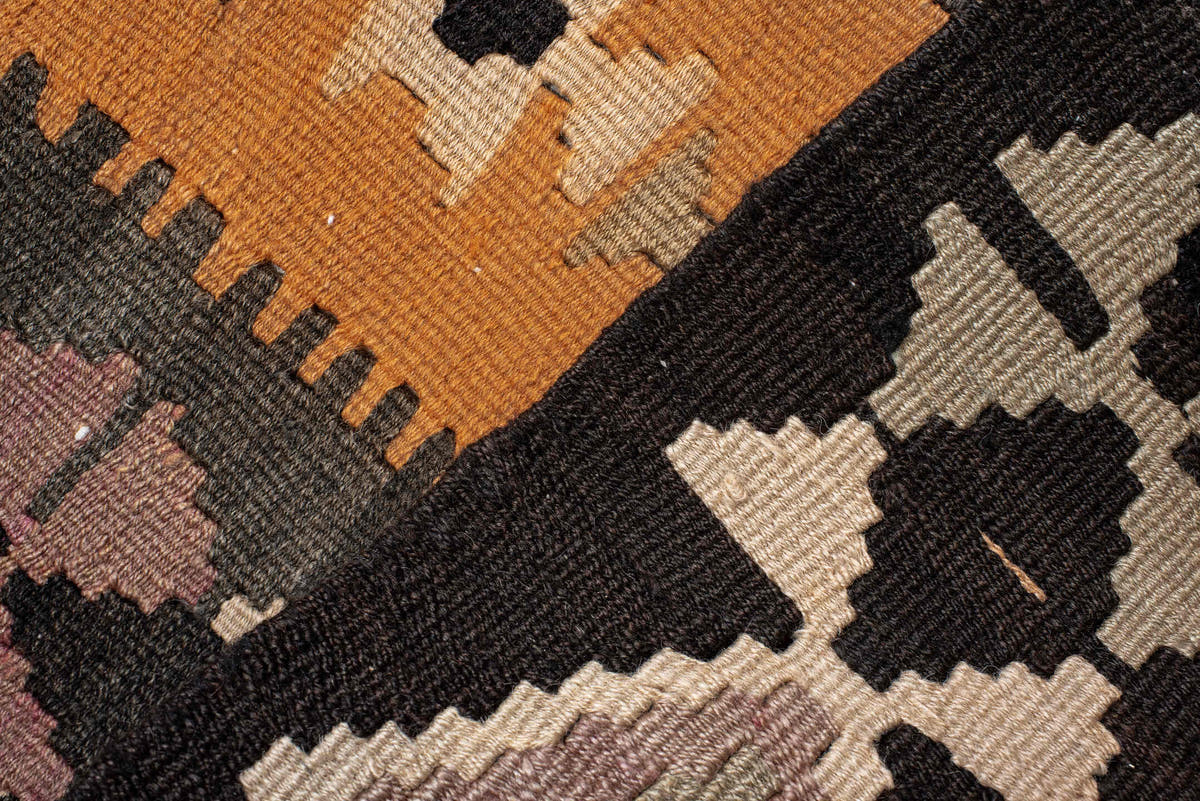 6' x 12' one-of-a-kind handmade antique Kilim large size rug. Color palette: camel, brown, taupe, ochre, ivory, plum
