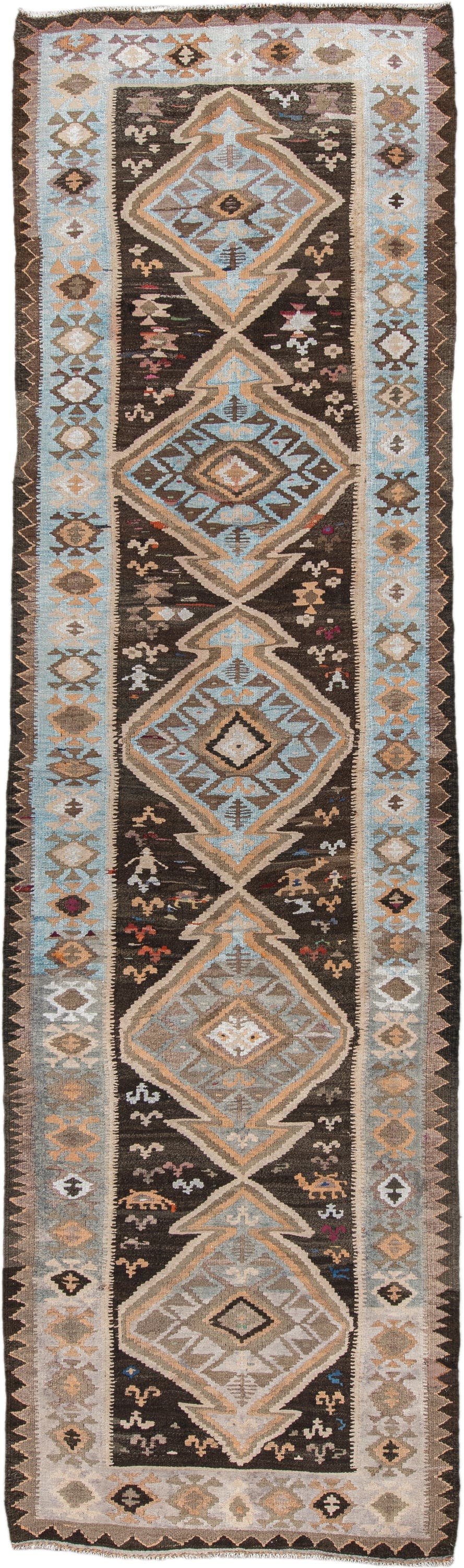 4' x 14' one-of-a-kind handmade antique Kilim runner rug. Color palette: brown, sky blue, taupe, ivory, camel, charcoal