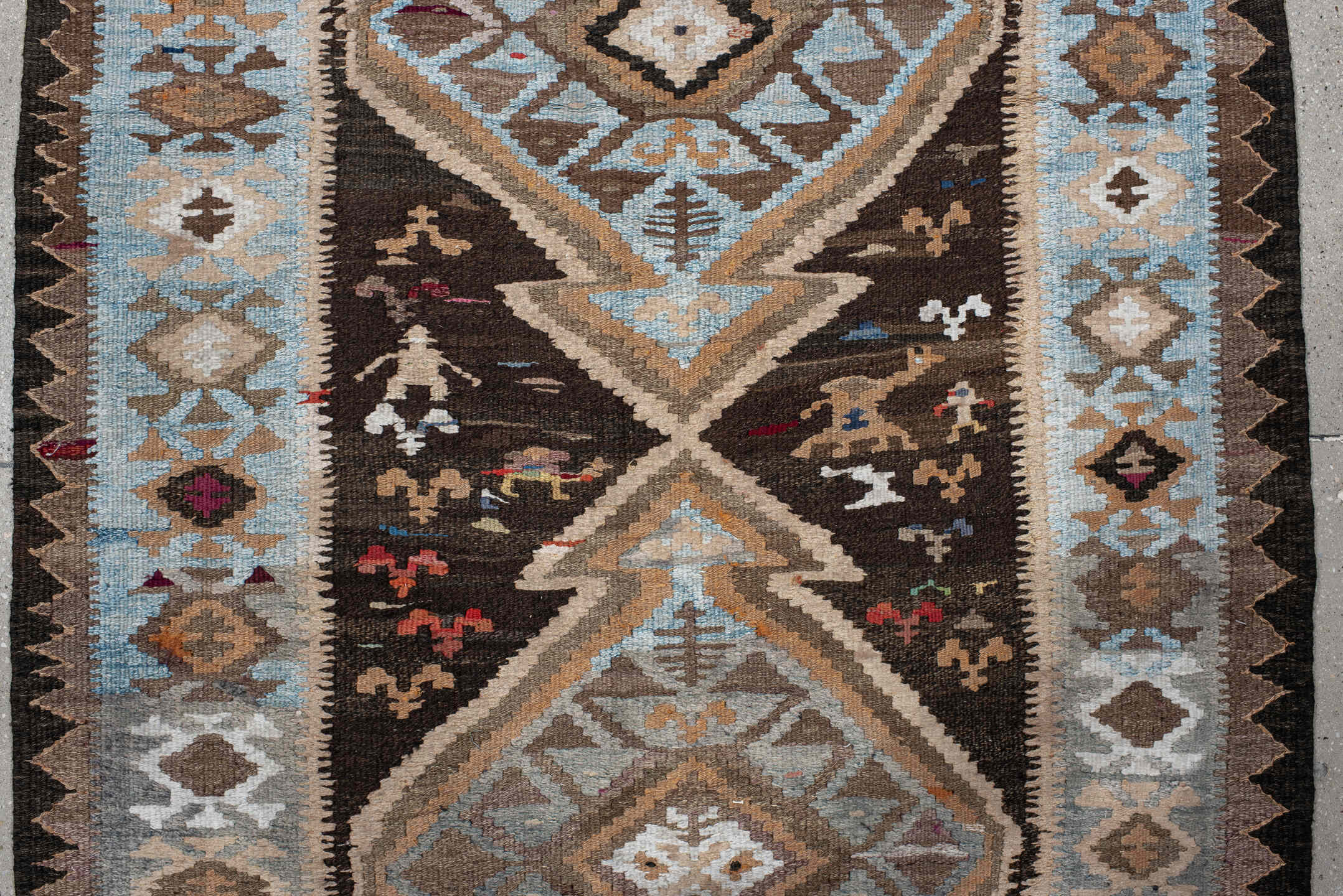 4' x 14' one-of-a-kind handmade antique Kilim runner rug. Color palette: brown, sky blue, taupe, ivory, camel, charcoal