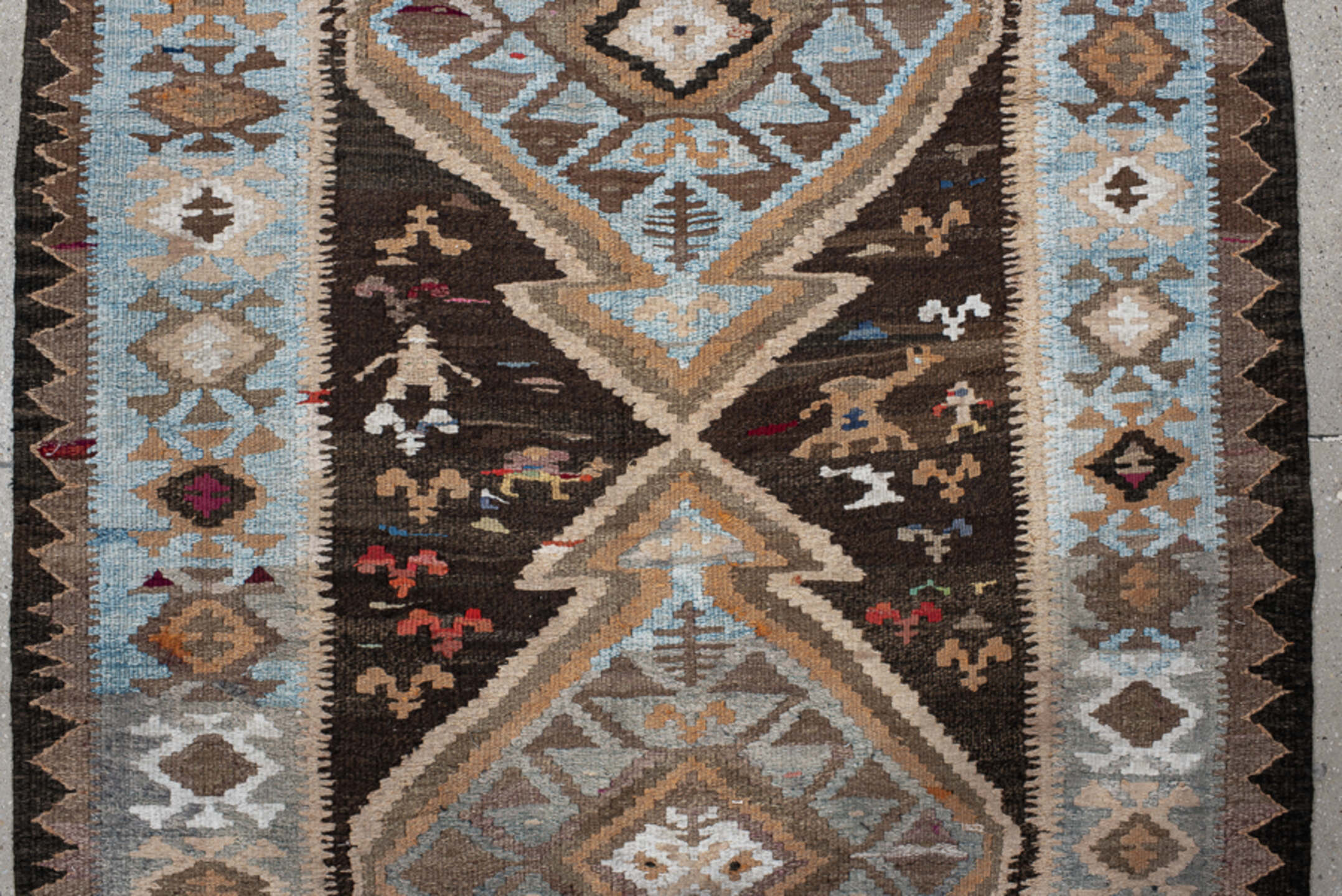 4' x 14' one-of-a-kind handmade vintage Kilim runner rug. Color palette: red, brown, gray, light gray, off-white, pink