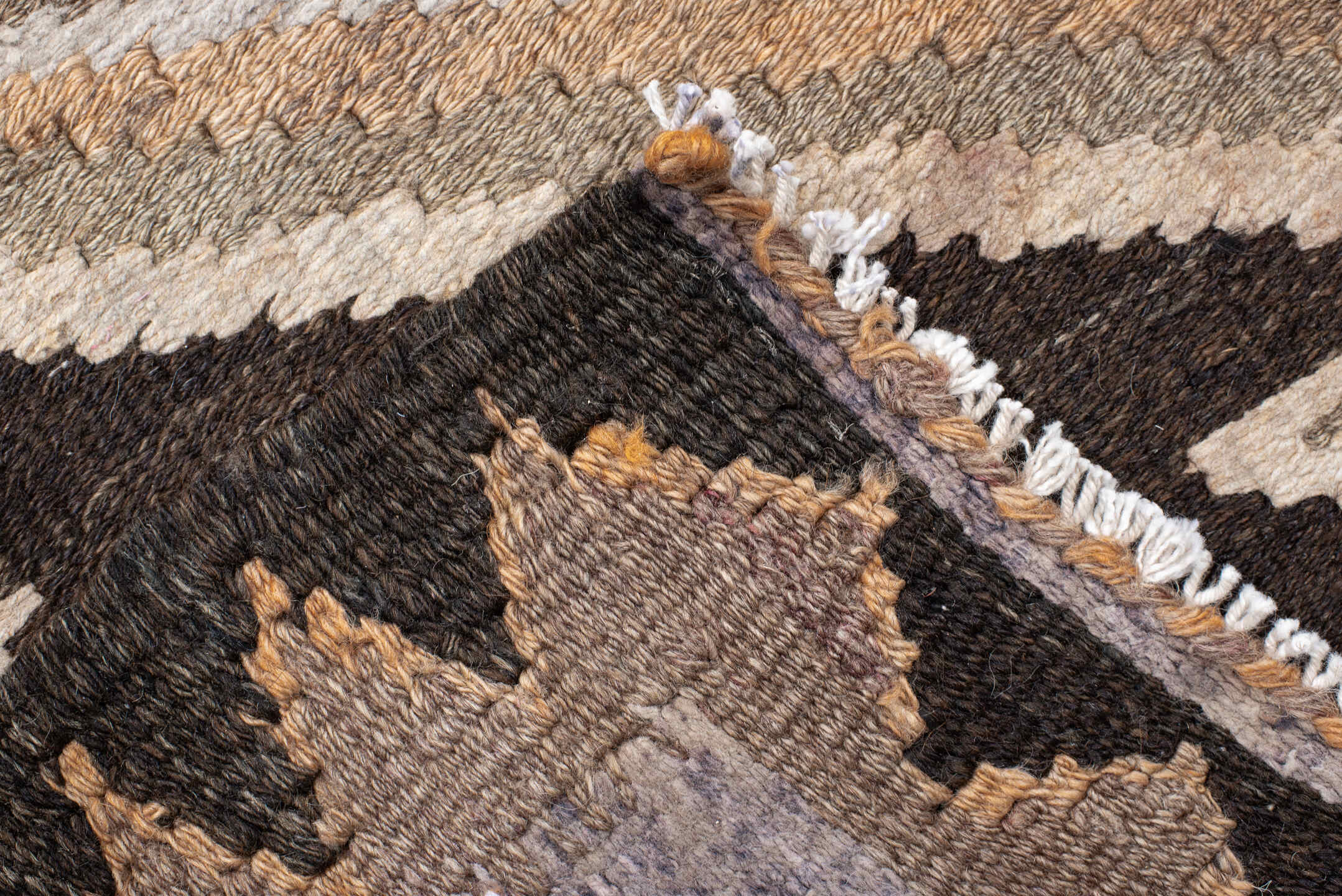 4' x 14' one-of-a-kind handmade antique Kilim runner rug. Color palette: brown, sky blue, taupe, ivory, camel, charcoal