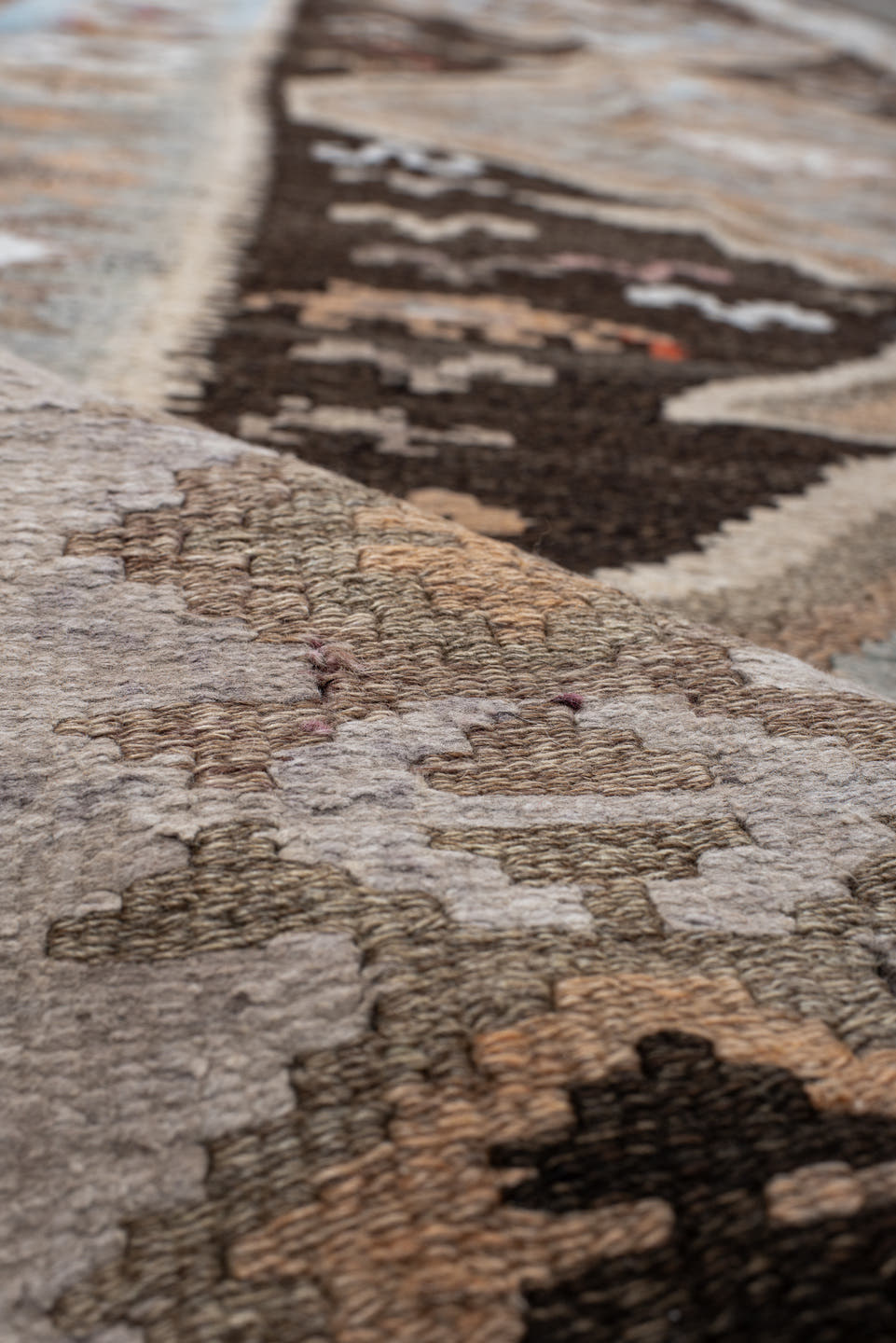 4' x 14' one-of-a-kind handmade antique Kilim runner rug. Color palette: brown, sky blue, taupe, ivory, camel, charcoal