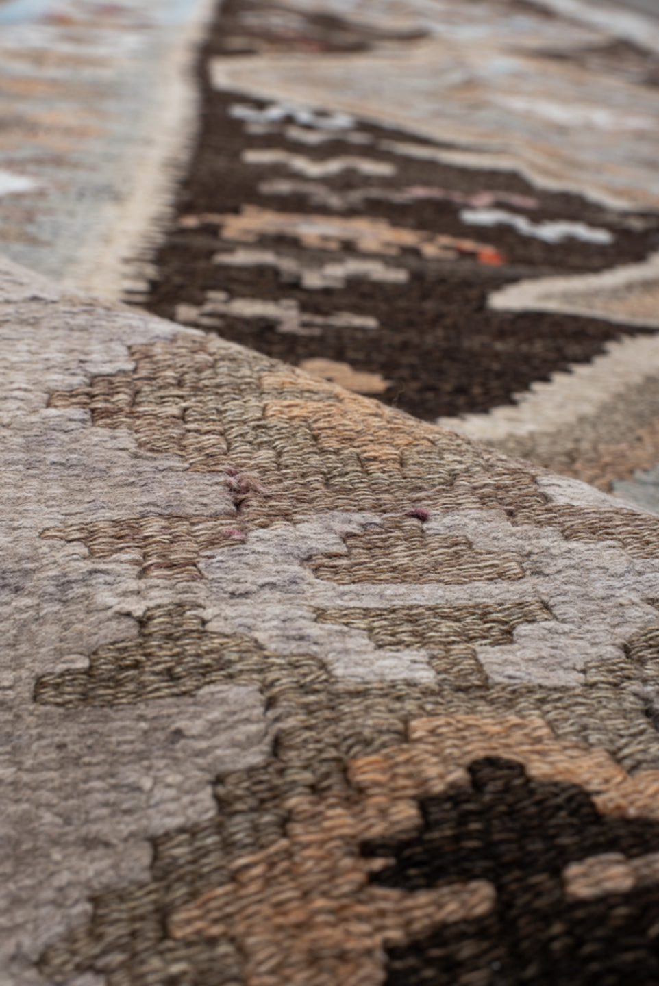 4' x 14' one-of-a-kind handmade vintage Kilim runner rug. Color palette: red, brown, gray, light gray, off-white, pink