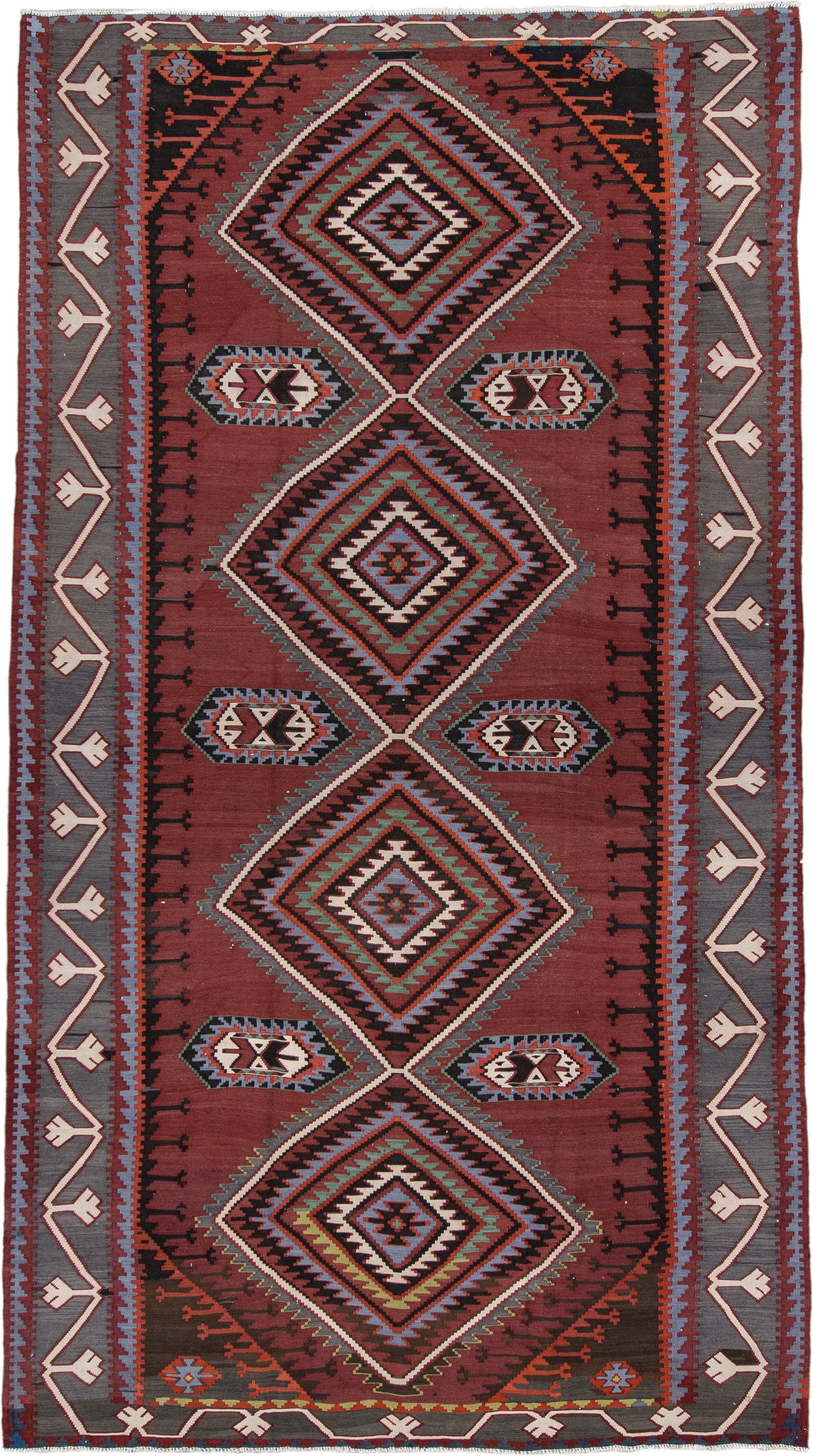 6' x 11' one-of-a-kind handmade vintage Kilim large size rug. Color palette: rust, burgundy, slate, ivory, black, teal