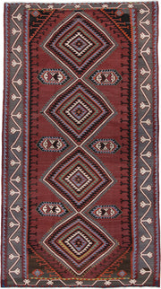 6' x 11' one-of-a-kind handmade vintage Kilim large size rug. Color palette: rust, burgundy, slate, ivory, black, teal