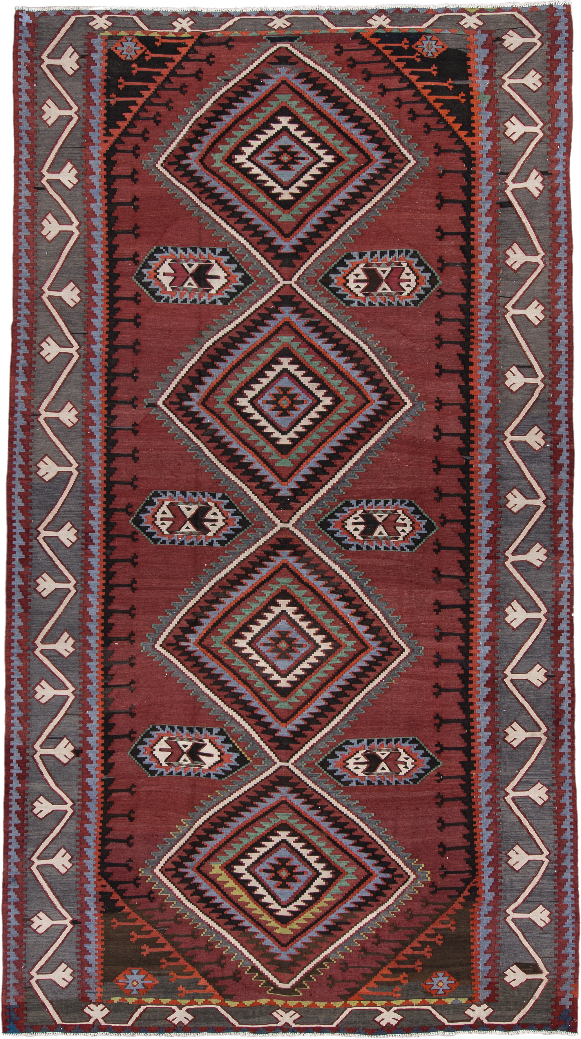 6' x 11' one-of-a-kind handmade vintage Kilim large size rug. Color palette: rust, burgundy, slate, ivory, black, teal