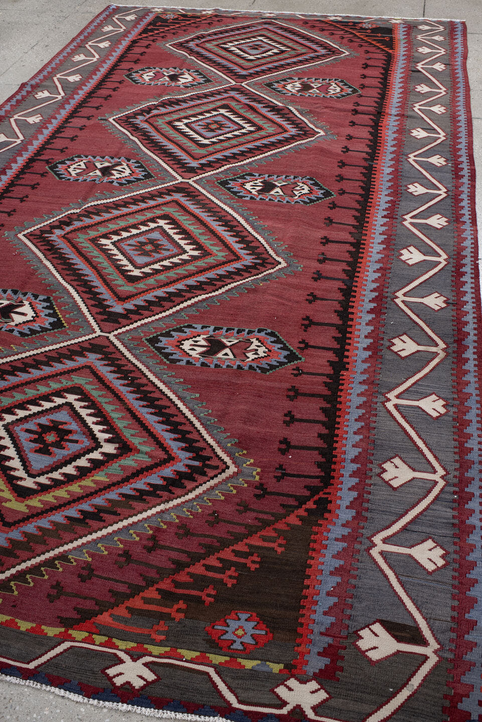 6' x 11' one-of-a-kind handmade vintage Kilim large size rug. Color palette: rust, burgundy, slate, ivory, black, teal
