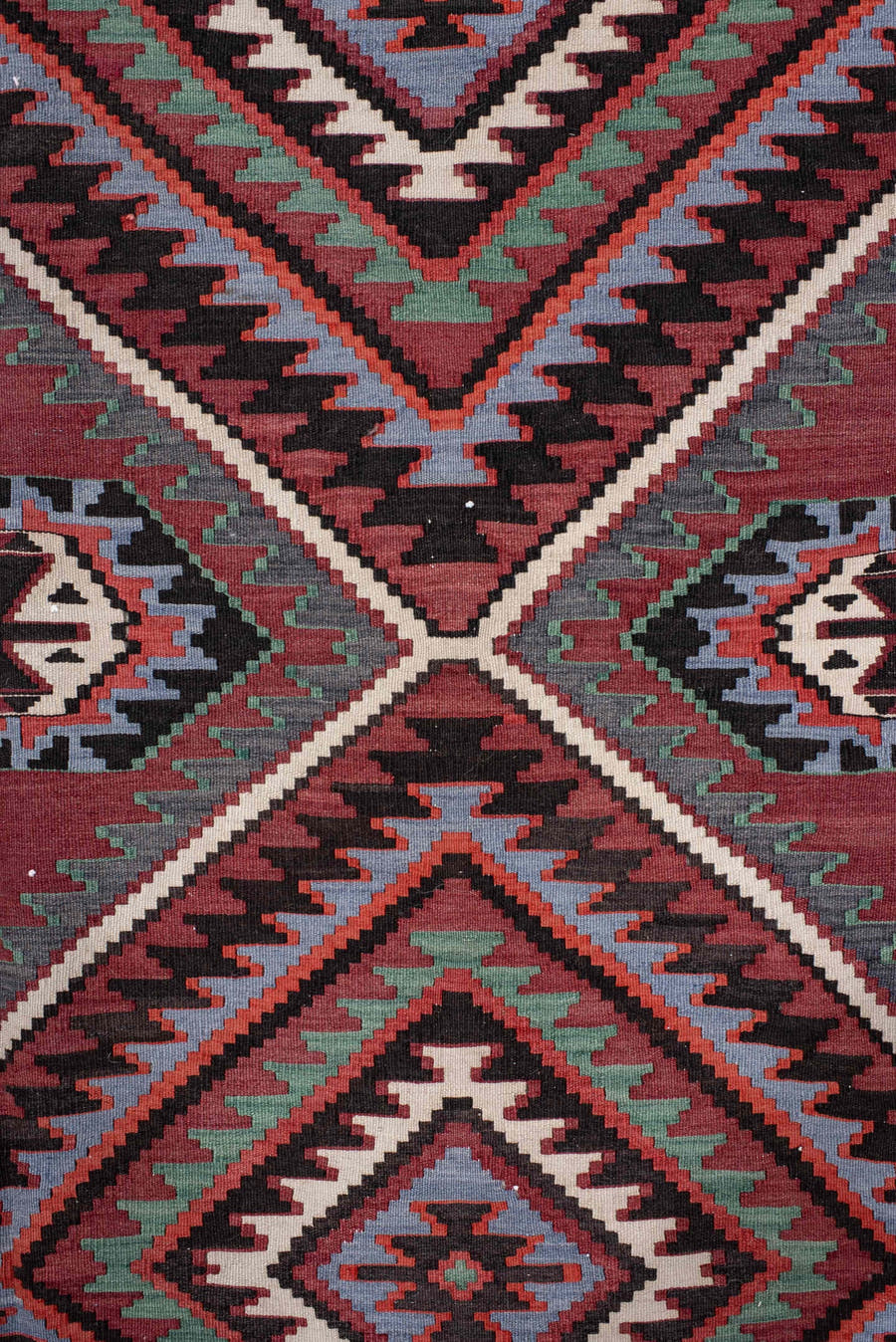 6' x 11' one-of-a-kind handmade vintage Kilim large size rug. Color palette: rust, burgundy, slate, ivory, black, teal