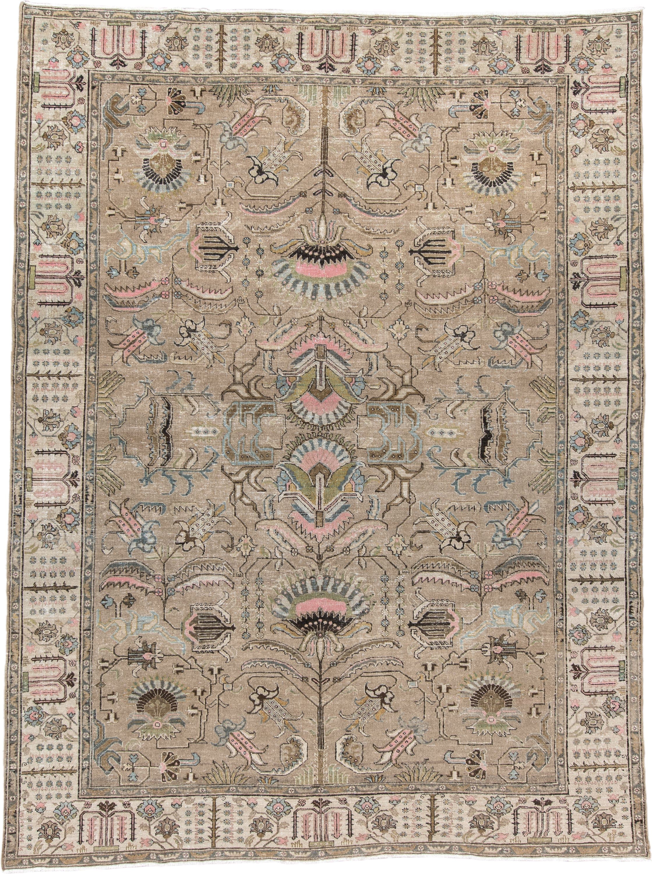 8' x 11' one-of-a-kind handmade vintage Tabriz large size rug. Color palette: taupe, ivory, blush, pale blue, olive