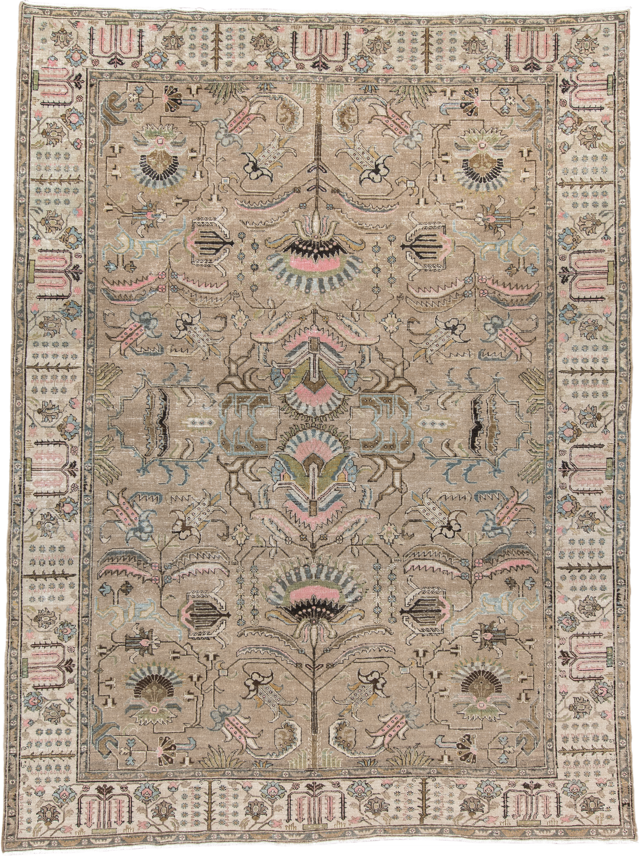 8' x 11' one-of-a-kind handmade vintage Tabriz large size rug. Color palette: taupe, ivory, blush, pale blue, olive
