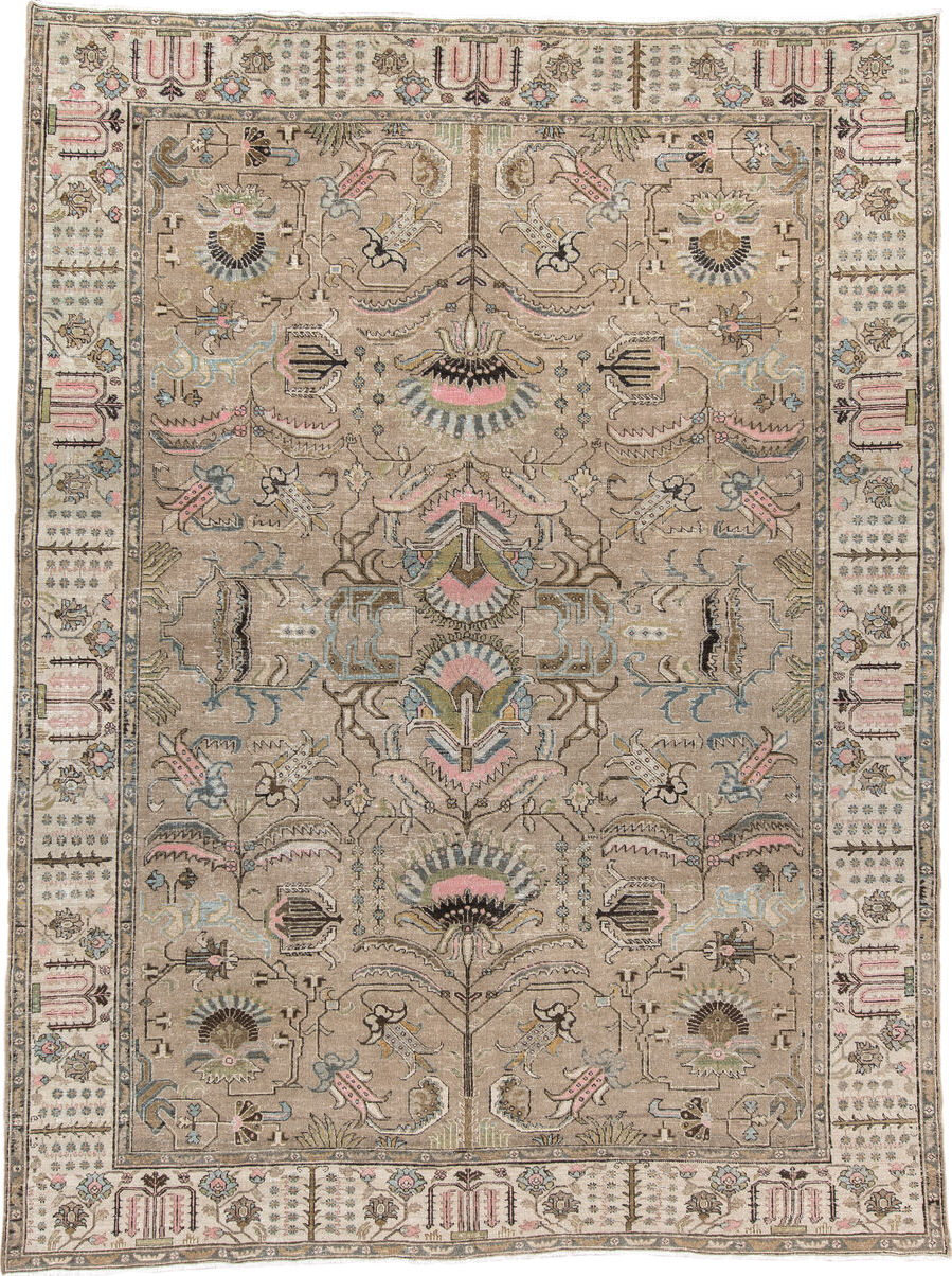 8' x 11' one-of-a-kind handmade vintage Tabriz large size rug. Color palette: taupe, ivory, blush, pale blue, olive