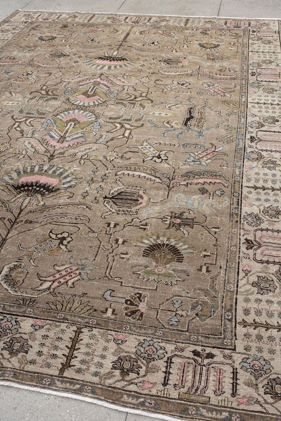 8' x 11' one-of-a-kind handmade vintage Tabriz large size rug. Color palette: taupe, ivory, blush, pale blue, olive