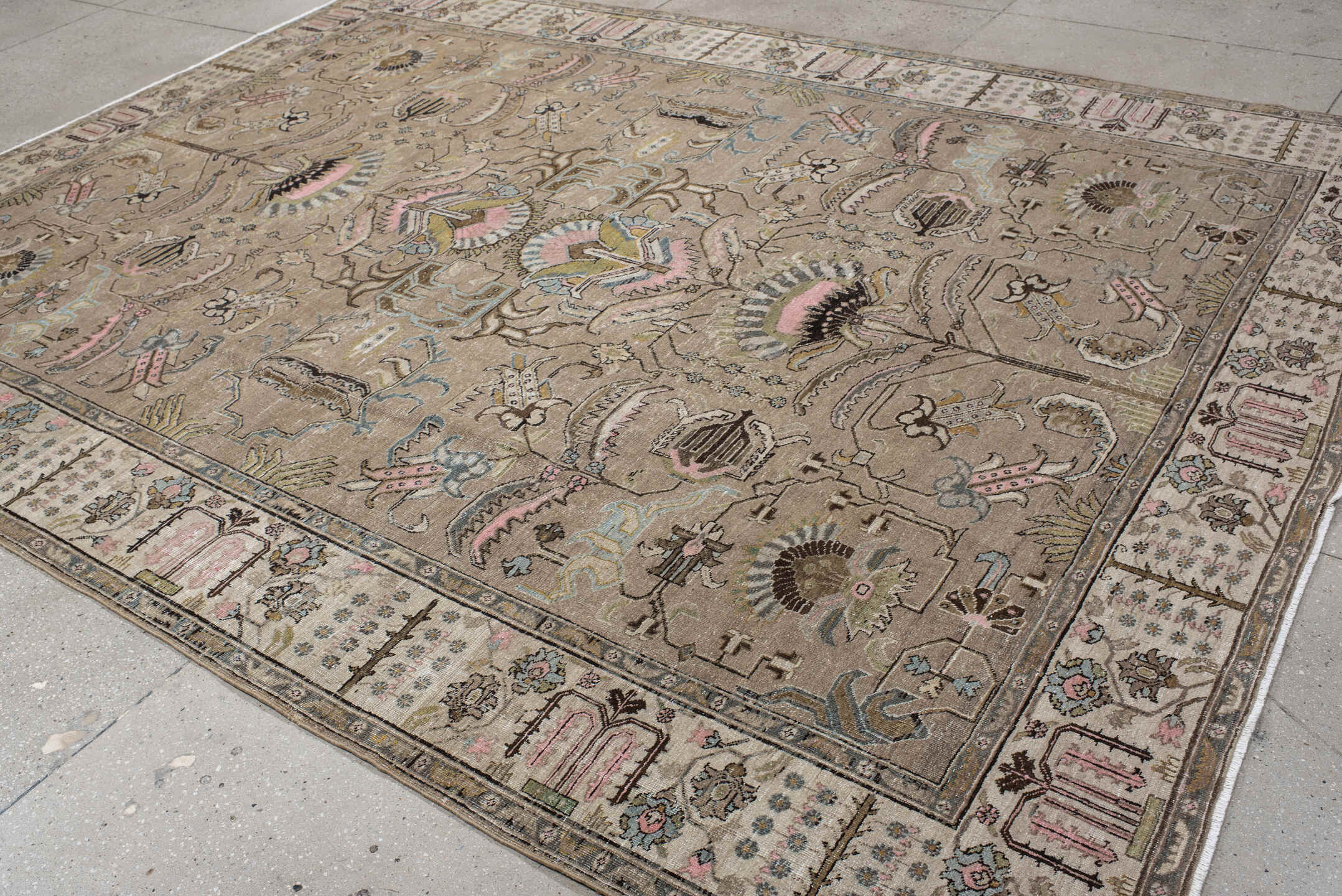 8' x 11' one-of-a-kind handmade vintage Tabriz large size rug. Color palette: taupe, ivory, blush, pale blue, olive