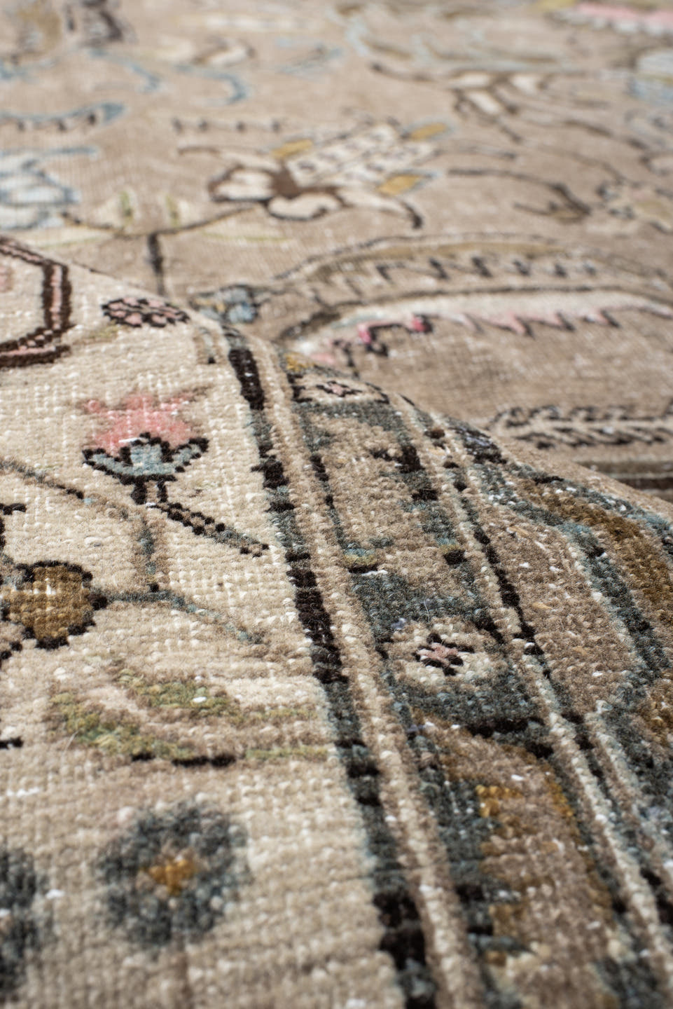 8' x 11' one-of-a-kind handmade vintage Tabriz large size rug. Color palette: taupe, ivory, blush, pale blue, olive