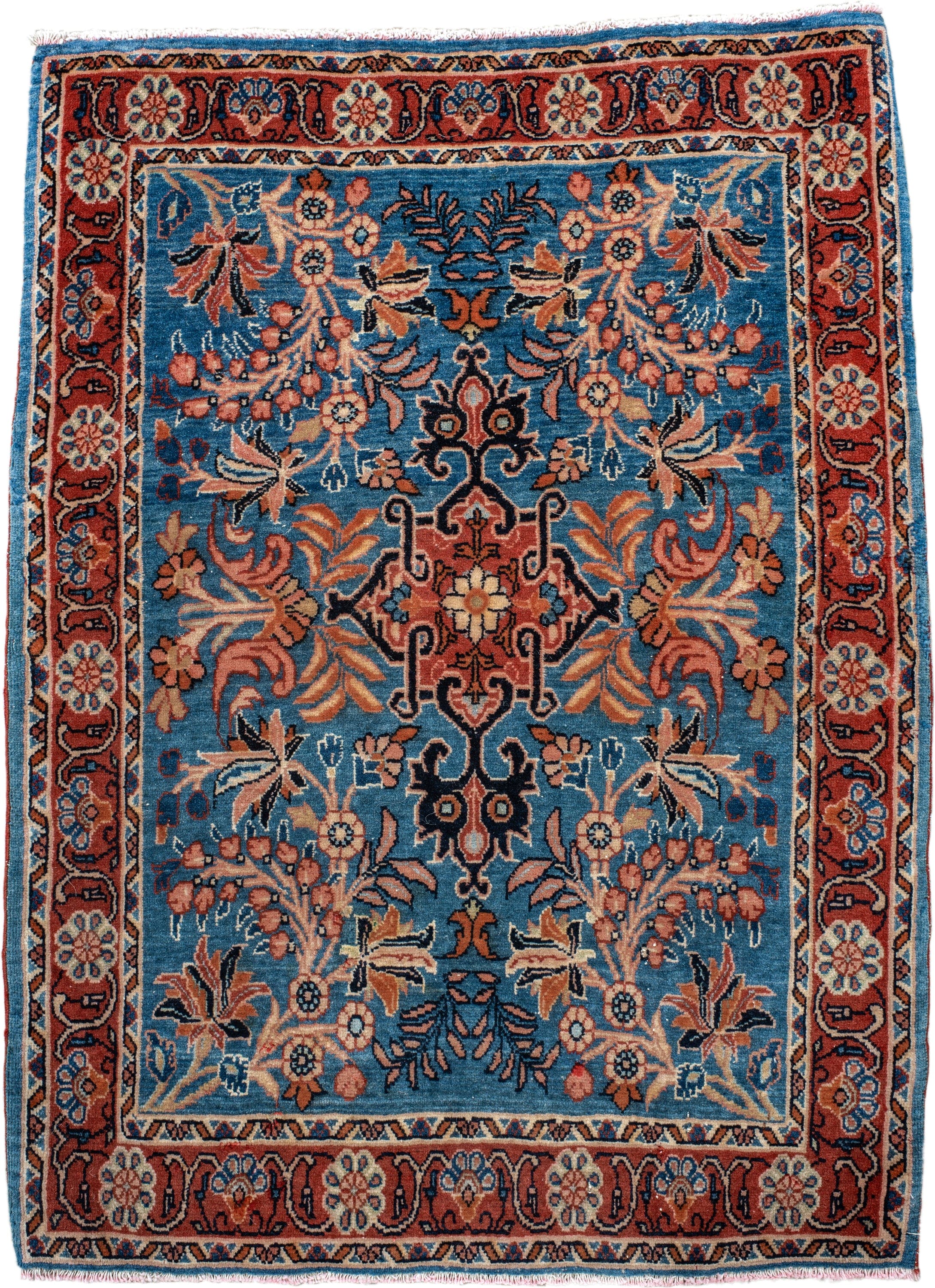 2' x 3' one-of-a-kind handmade vintage Saraband small size rug. Color palette: sky blue, rust, ivory, navy, coral, camel