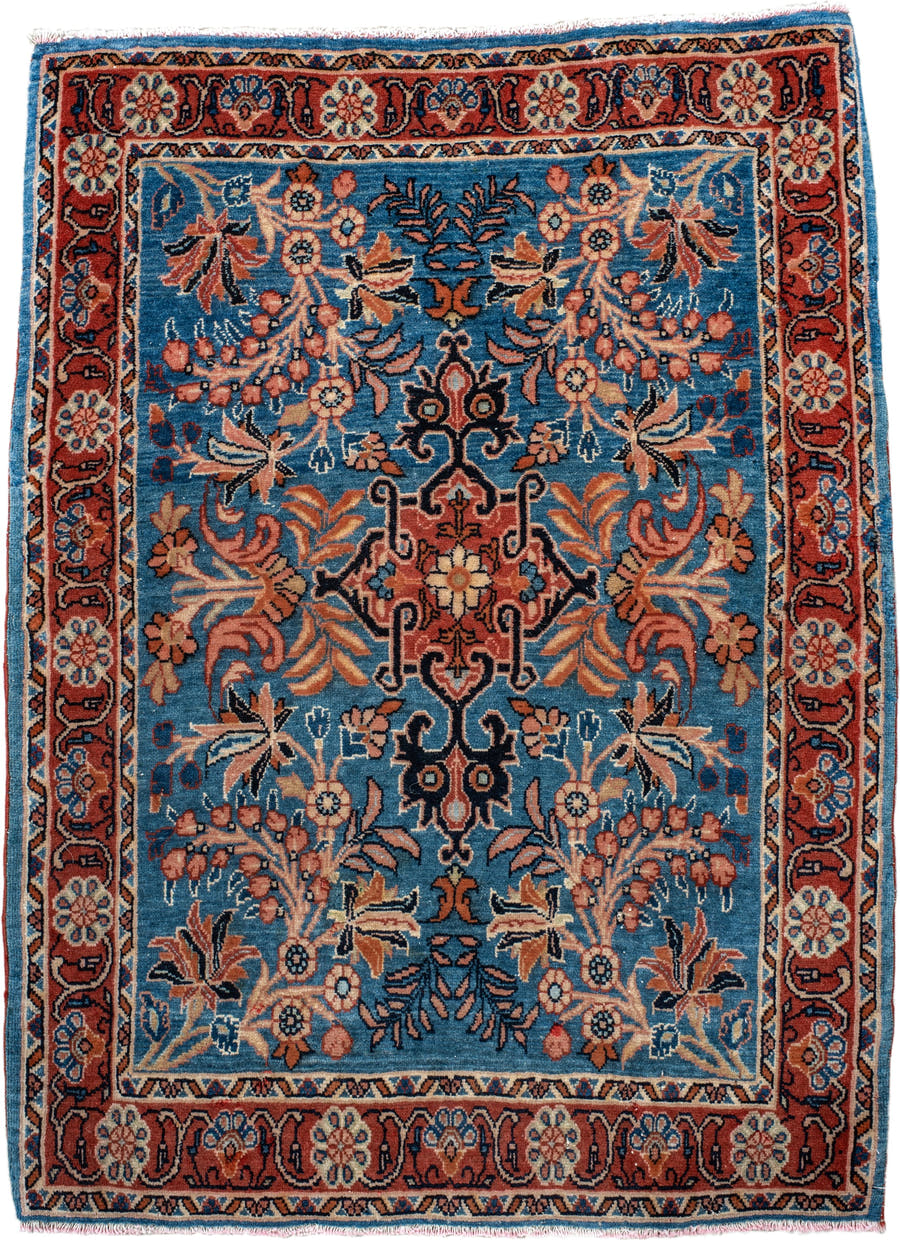2' x 3' one-of-a-kind handmade vintage Saraband small size rug. Color palette: sky blue, rust, ivory, navy, coral, camel