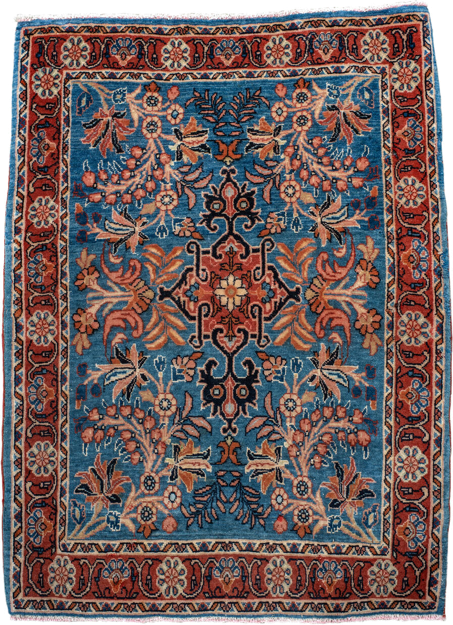 2' x 3' one-of-a-kind handmade vintage Saraband small size rug. Color palette: sky blue, rust, ivory, navy, coral, camel