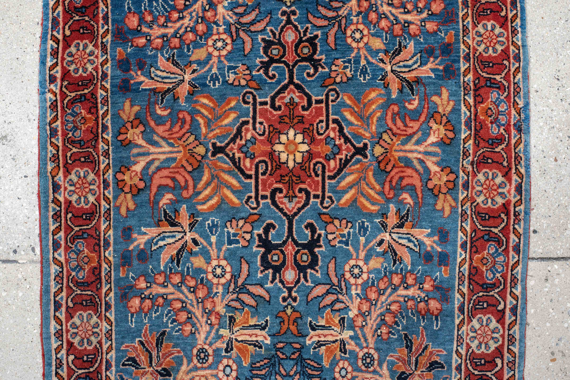 2' x 3' one-of-a-kind handmade vintage Saraband small size rug. Color palette: sky blue, rust, ivory, navy, coral, camel