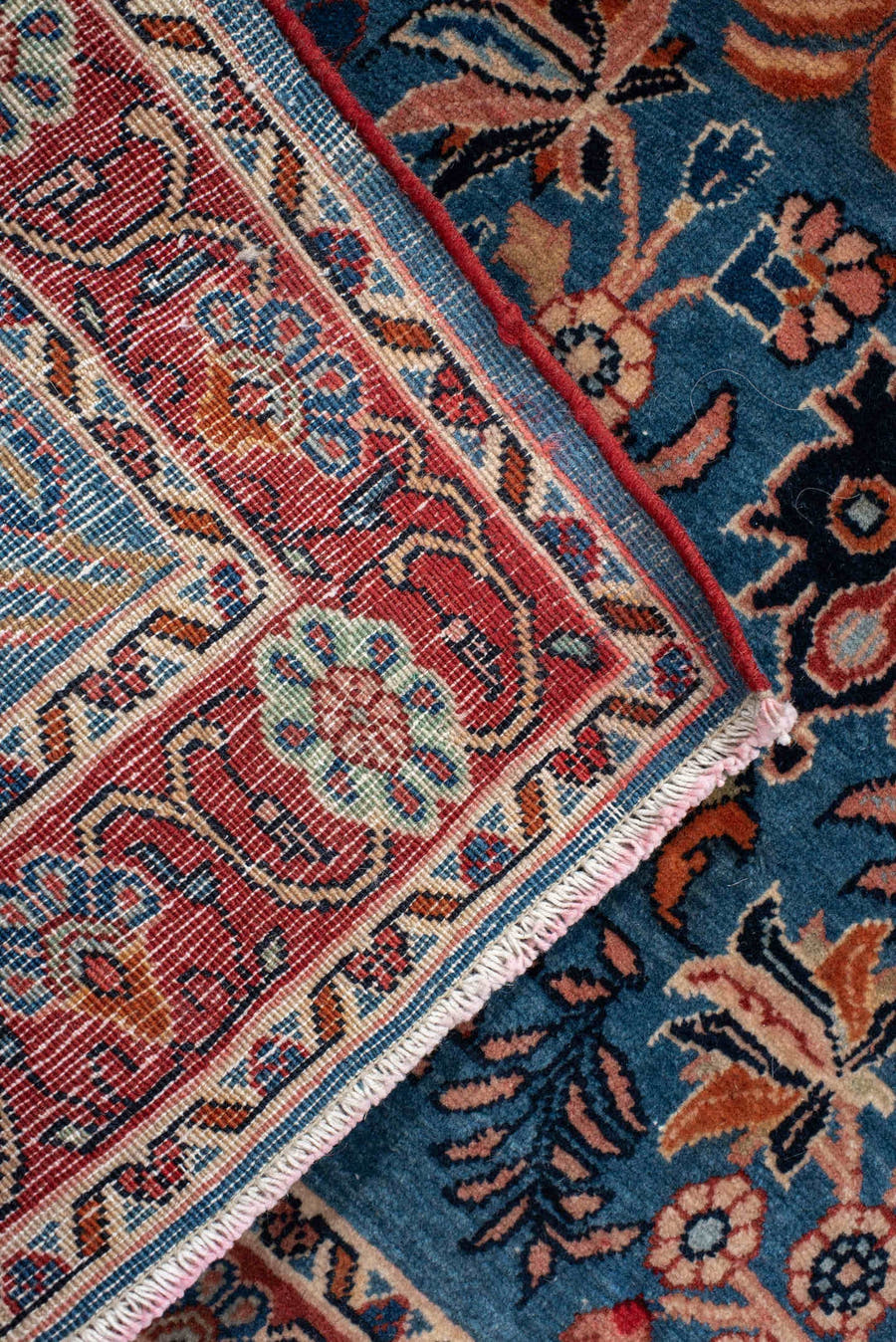 2' x 3' one-of-a-kind handmade vintage Saraband small size rug. Color palette: sky blue, rust, ivory, navy, coral, camel