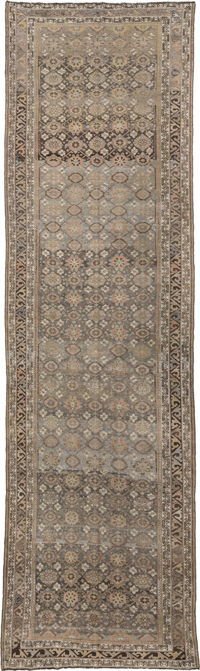 4' x 16' one-of-a-kind handmade vintage NW Persian runner rug. Color palette: taupe, brown, ivory, gray, slate, camel, beige