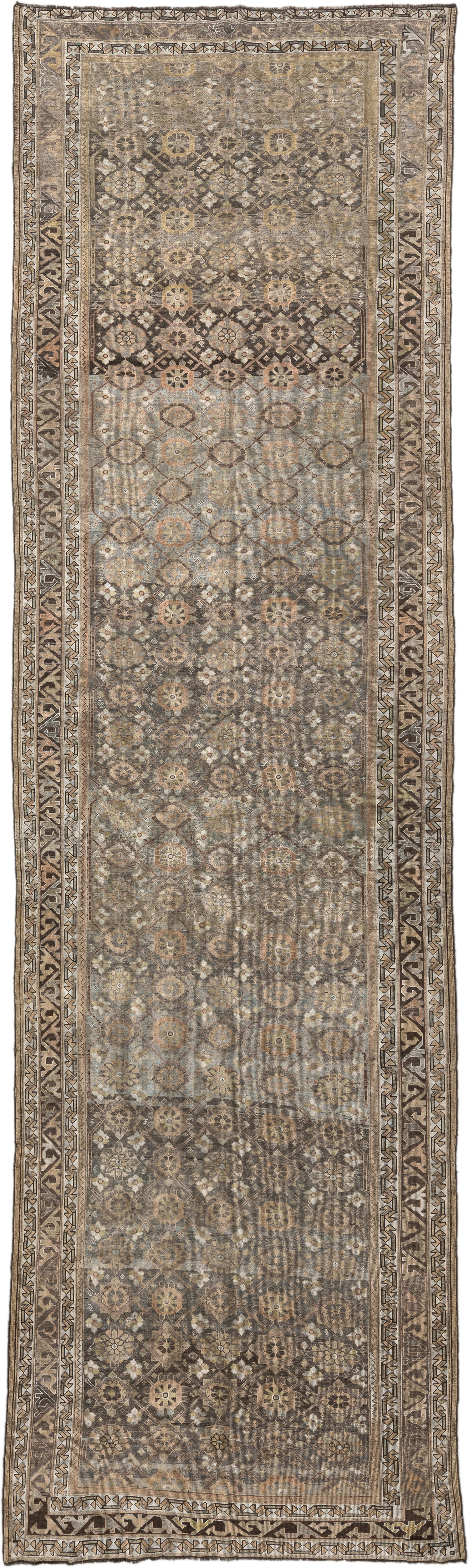 4' x 16' one-of-a-kind handmade vintage NW Persian runner rug. Color palette: taupe, brown, ivory, gray, slate, camel, beige
