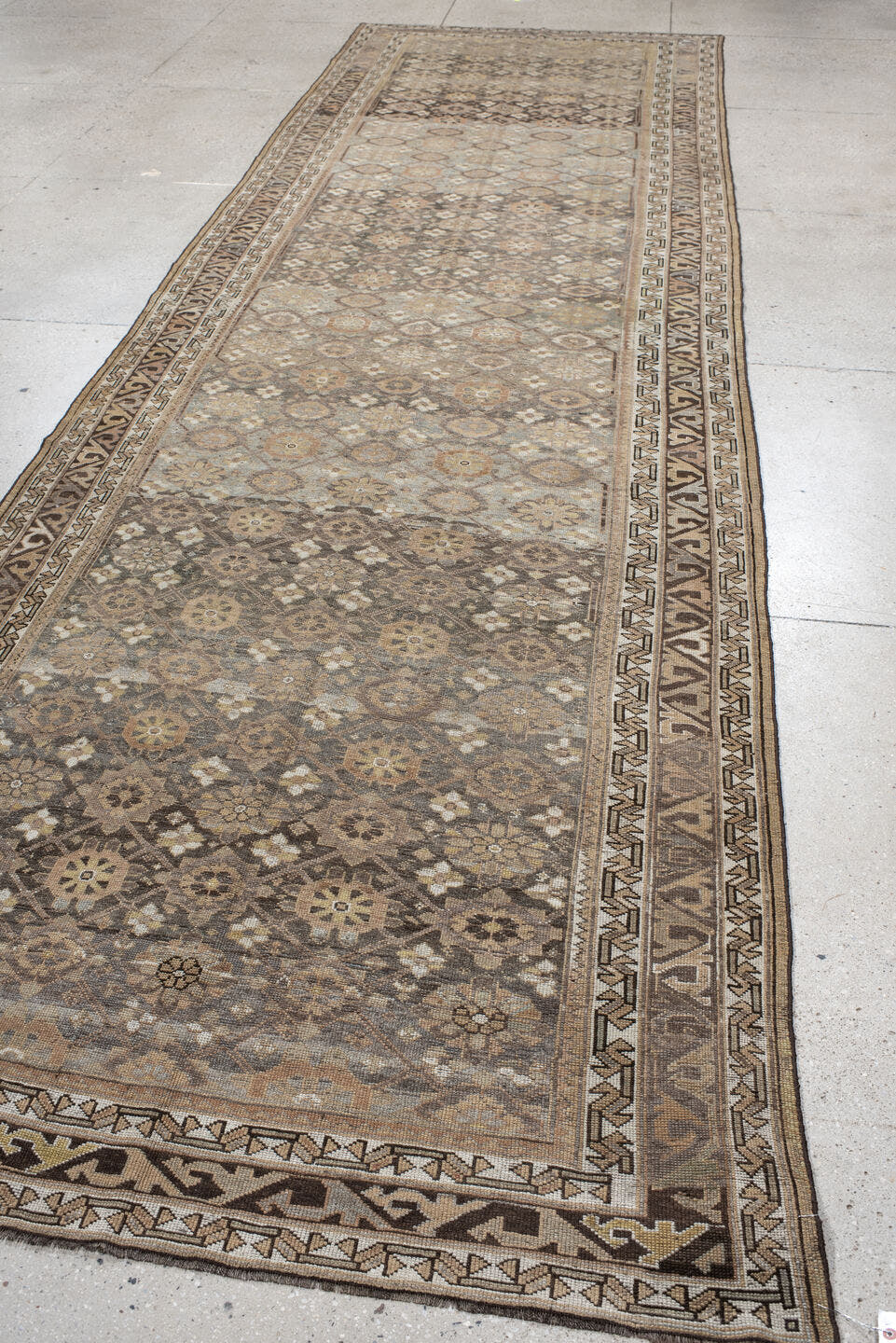 4' x 16' one-of-a-kind handmade vintage NW Persian runner rug. Color palette: taupe, brown, ivory, gray, slate, camel, beige