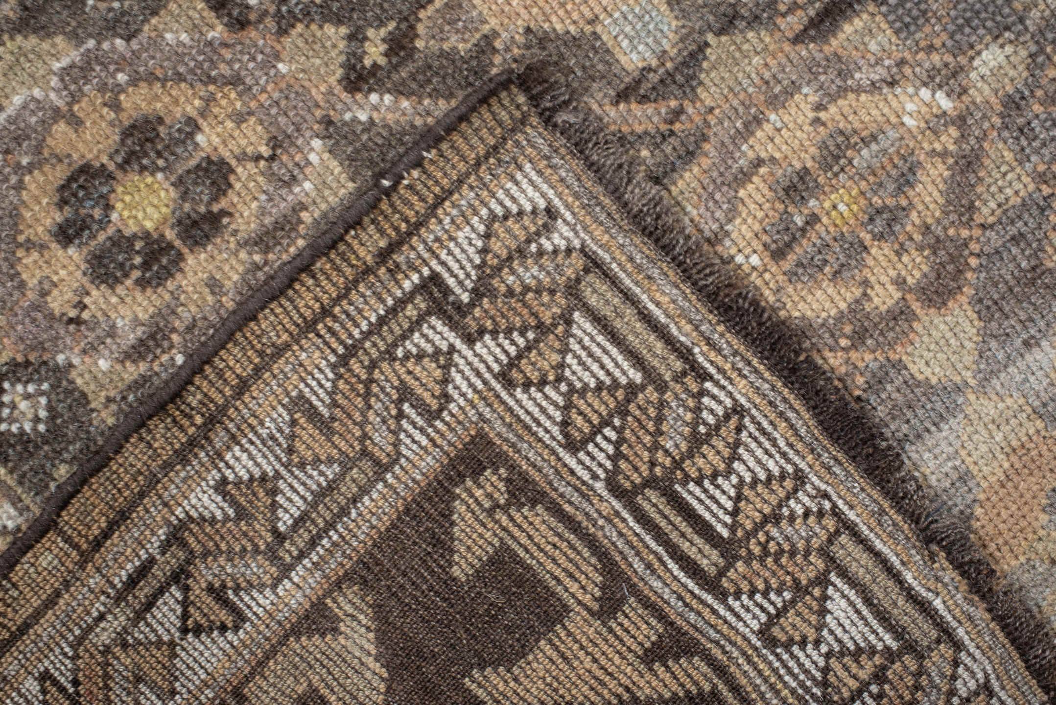 4' x 16' one-of-a-kind handmade vintage NW Persian runner rug. Color palette: taupe, brown, ivory, gray, slate, camel, beige