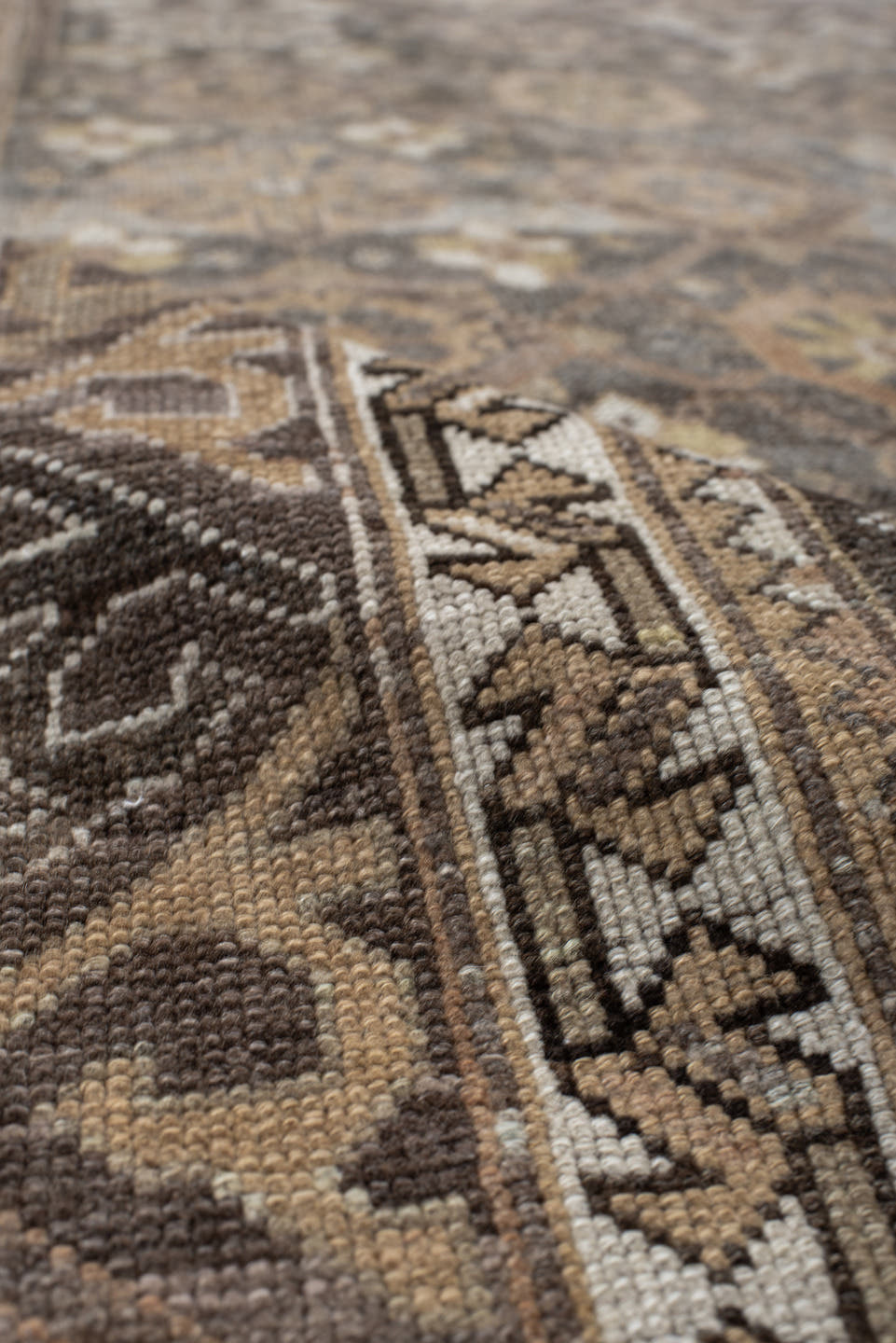 4' x 16' one-of-a-kind handmade vintage NW Persian runner rug. Color palette: taupe, brown, ivory, gray, slate, camel, beige