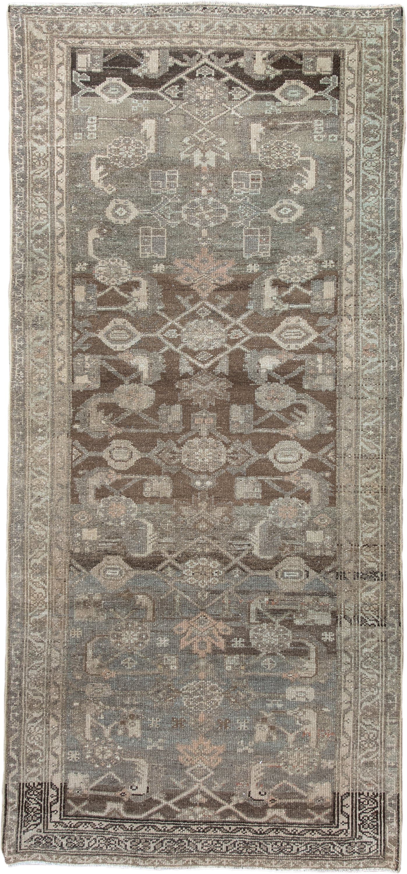 3' x 6' one-of-a-kind handmade vintage Hamadan runner rug. Color palette: taupe, brown, ivory, slate, camel, charcoal, rose