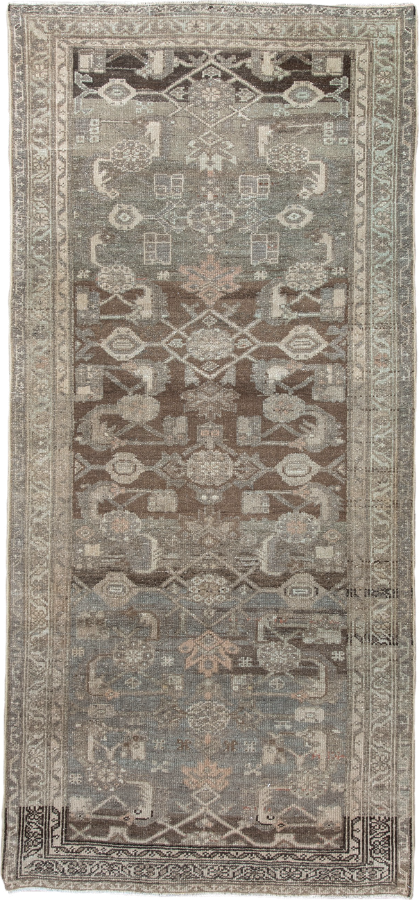 3' x 6' one-of-a-kind handmade vintage Hamadan runner rug. Color palette: taupe, brown, ivory, slate, camel, charcoal, rose