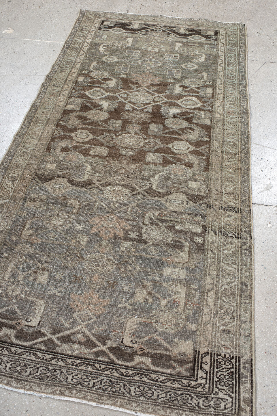 3' x 6' one-of-a-kind handmade vintage Hamadan runner rug. Color palette: taupe, brown, ivory, slate, camel, charcoal, rose