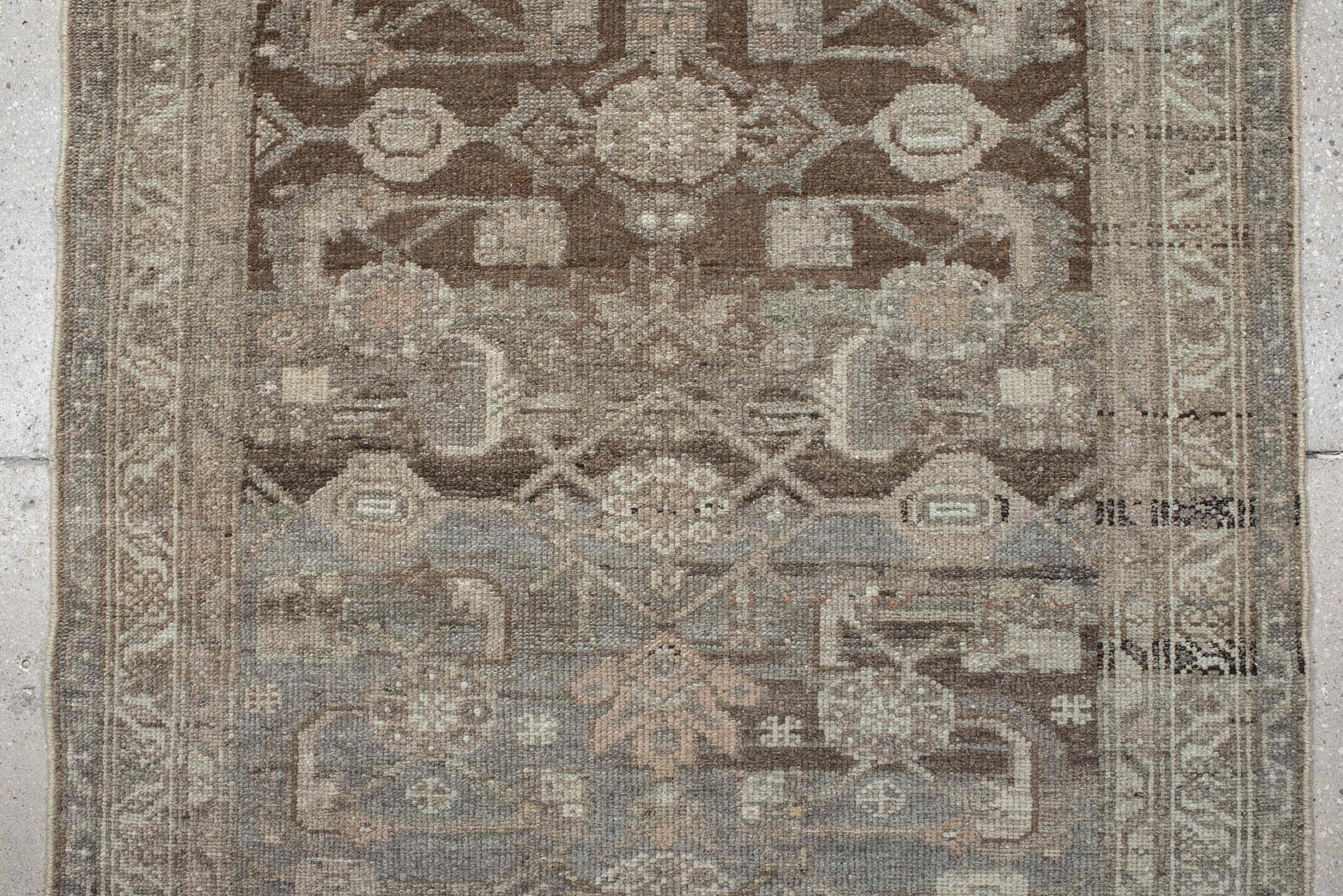 3' x 6' one-of-a-kind handmade vintage Hamadan runner rug. Color palette: taupe, brown, ivory, slate, camel, charcoal, rose