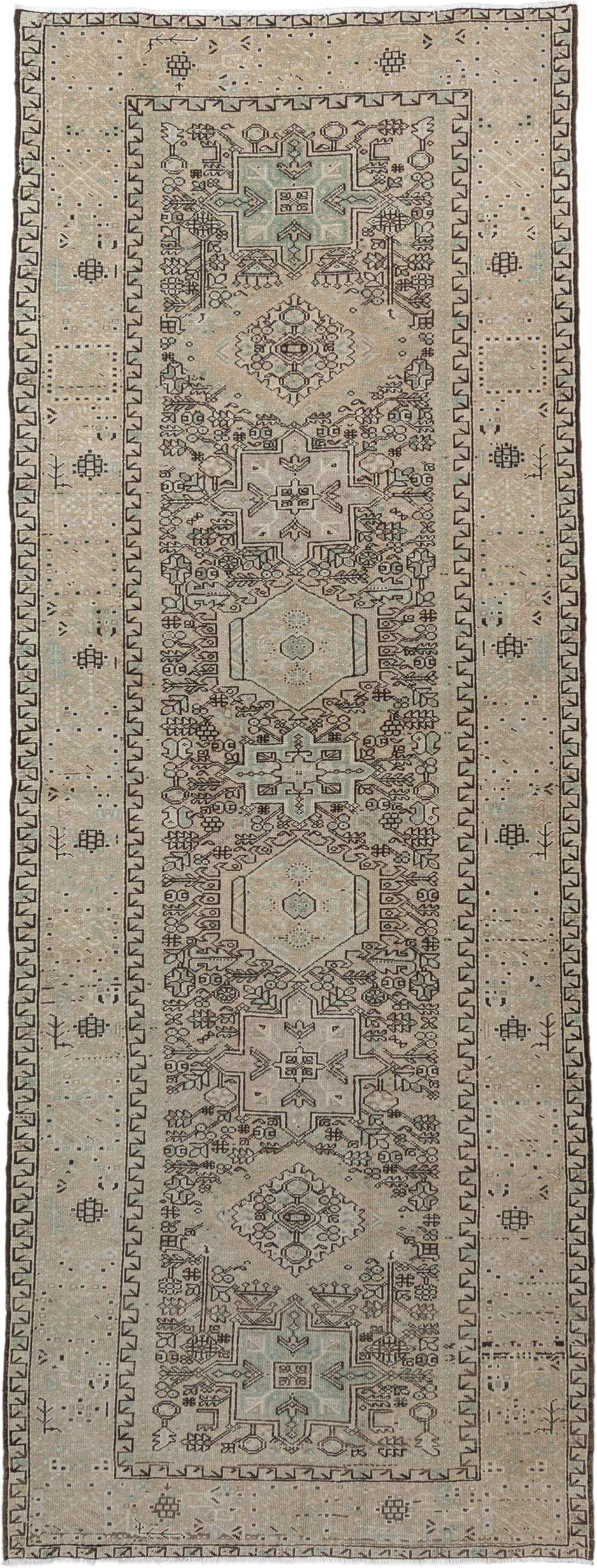 4' x 10' one-of-a-kind handmade vintage Karaje runner rug. Color palette: ivory, taupe, brown, camel, sage, charcoal, beige