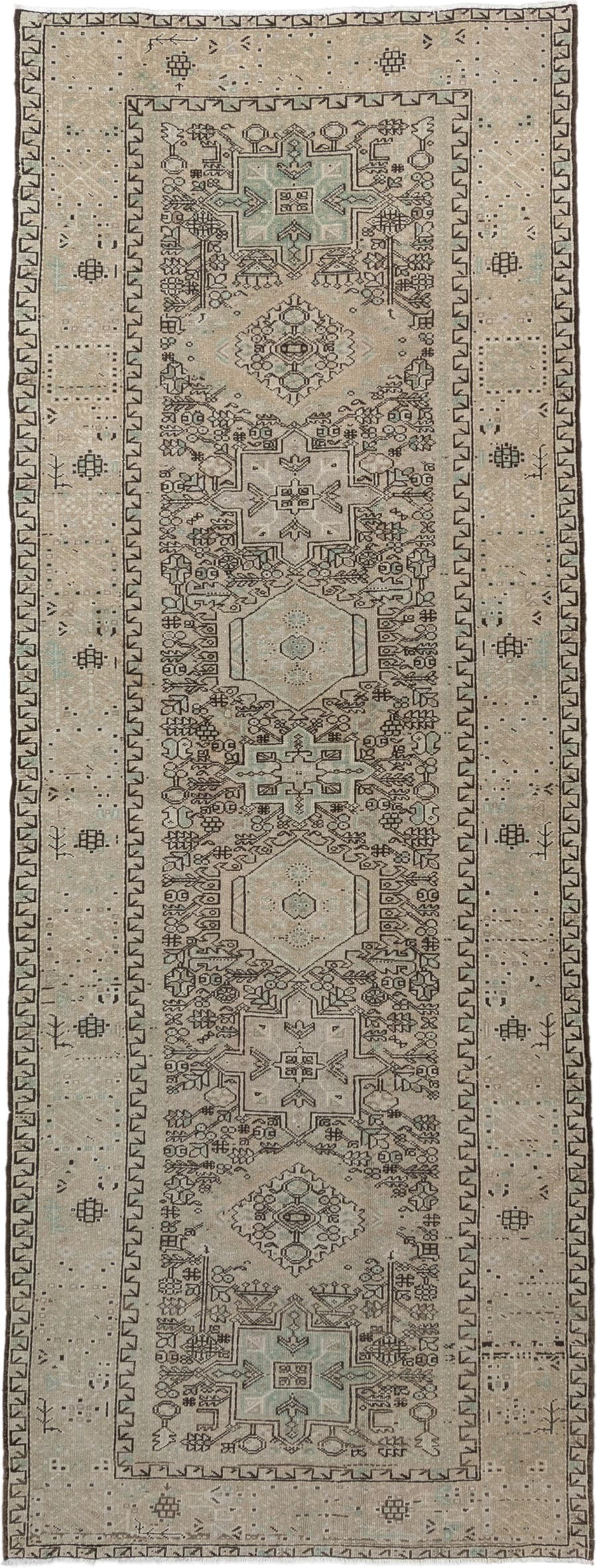 4' x 10' one-of-a-kind handmade vintage Karaje runner rug. Color palette: ivory, taupe, brown, camel, sage, charcoal, beige