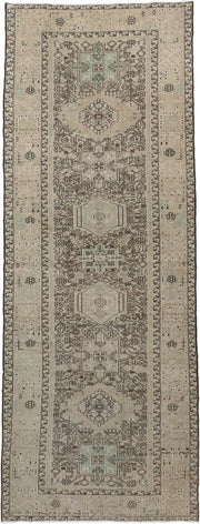 4' x 10' one-of-a-kind handmade vintage Karaje runner rug. Color palette: ivory, taupe, brown, camel, sage, charcoal, beige
