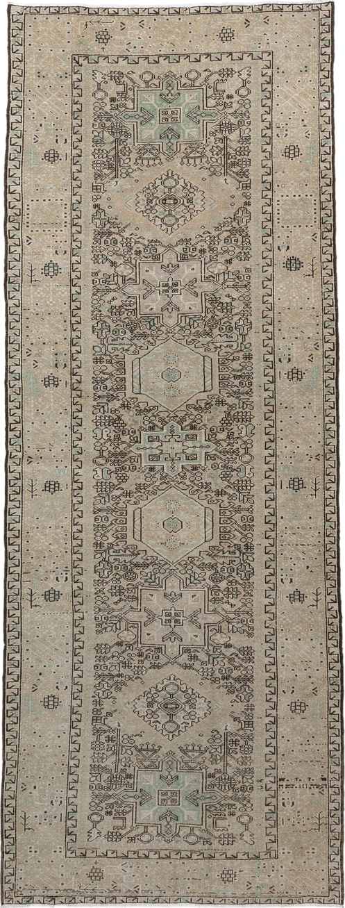 4' x 10' one-of-a-kind handmade vintage Karaje runner rug. Color palette: ivory, taupe, brown, camel, sage, charcoal, beige